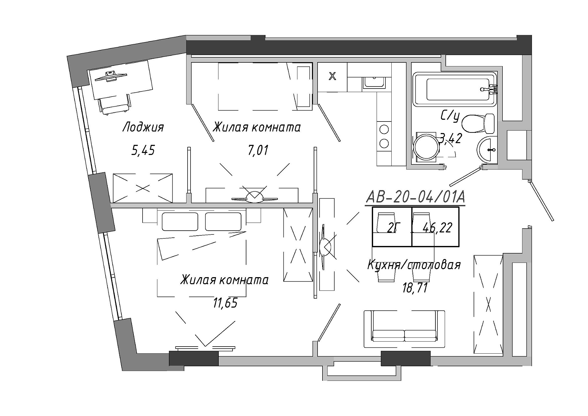 Планування 2-к квартира площею 46.22м2, AB-20-04/0001а.