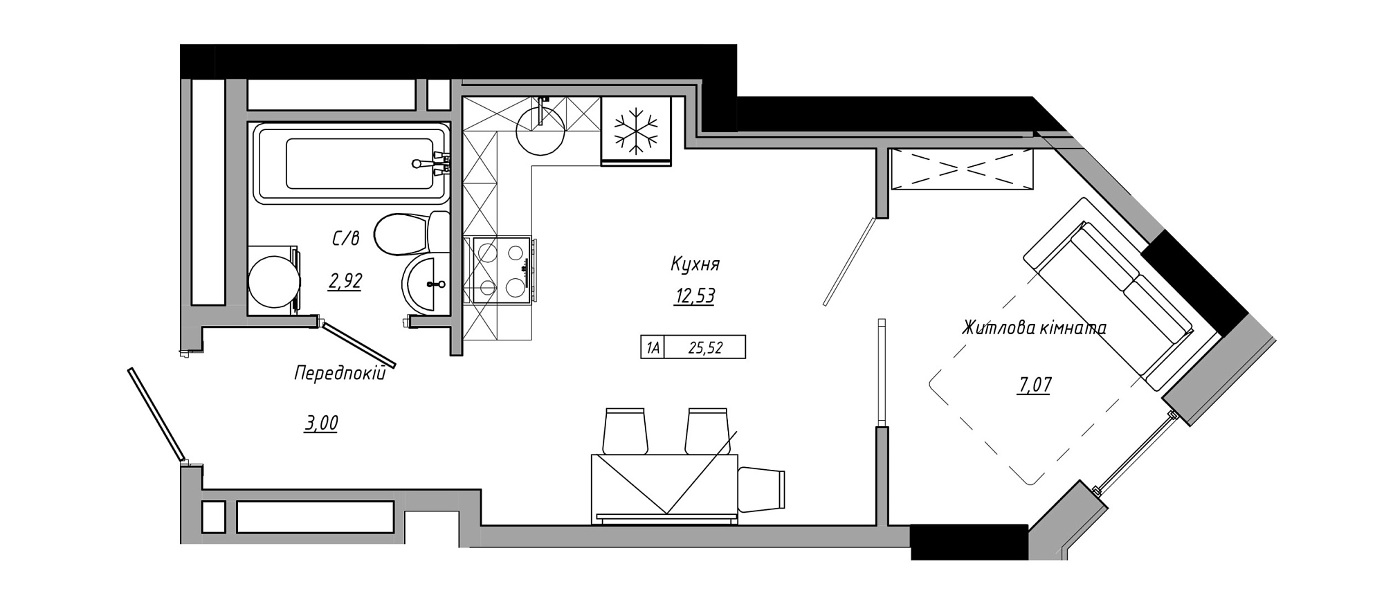 Планування 1-к квартира площею 25.52м2, AB-21-12/00001.