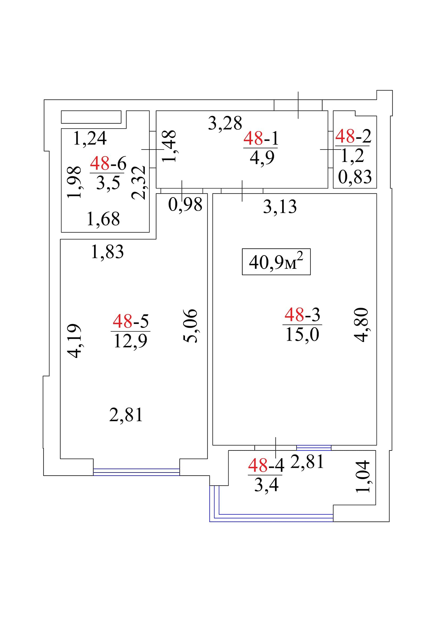 Планировка 1-к квартира площей 40.9м2, AB-01-06/00046.