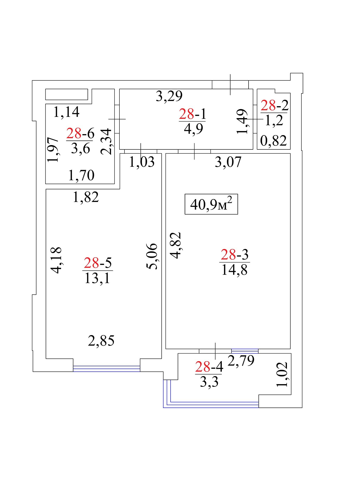 Планировка 1-к квартира площей 40.9м2, AB-01-04/00028.