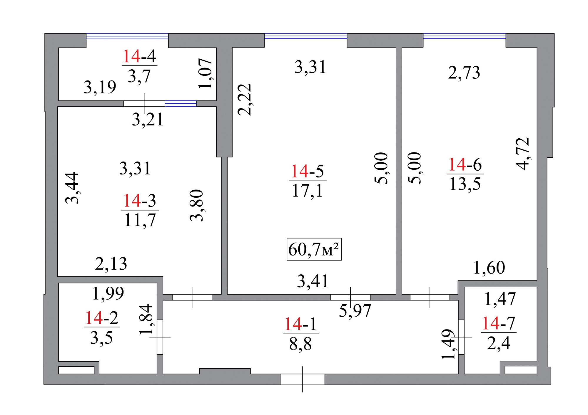 Планировка 2-к квартира площей 60.7м2, AB-07-02/00013.