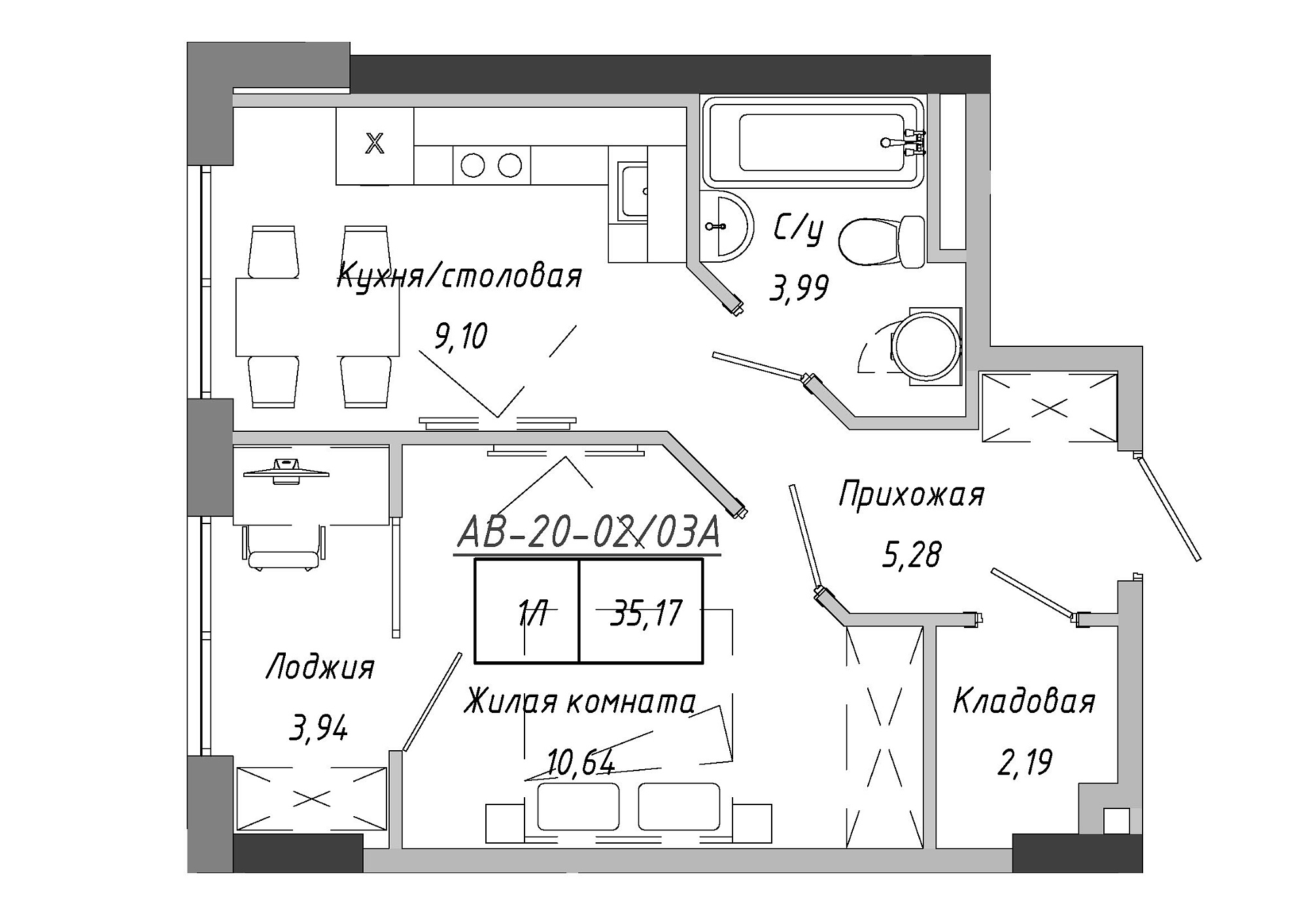 Планировка 1-к квартира площей 35.17м2, AB-20-02/0003а.