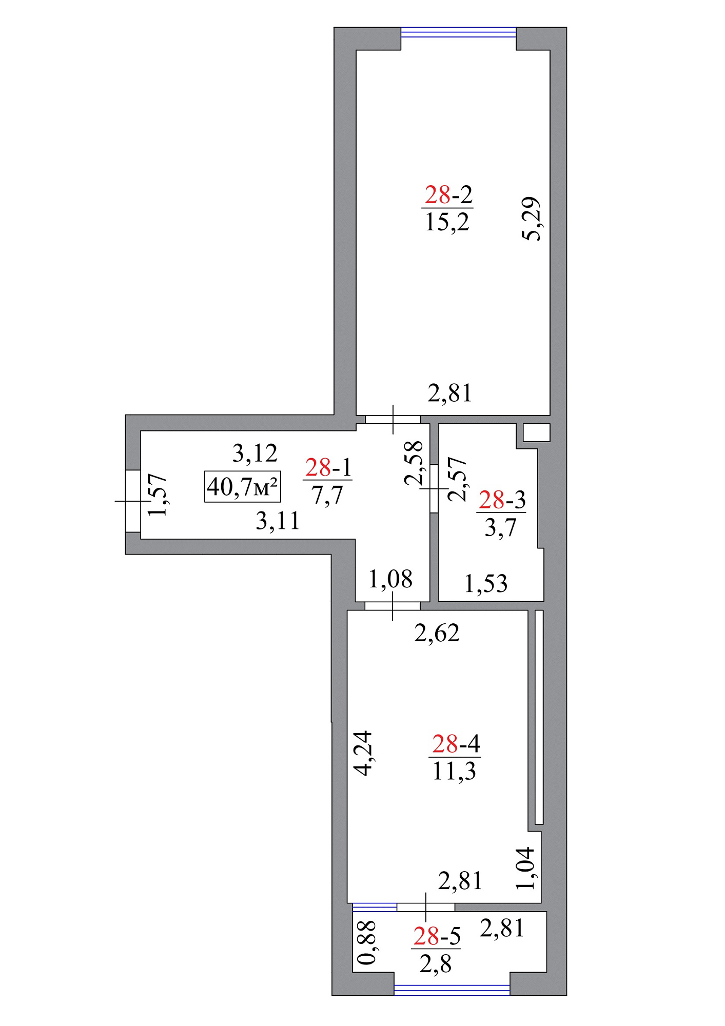 Планировка 1-к квартира площей 40.7м2, AB-07-03/0025б.
