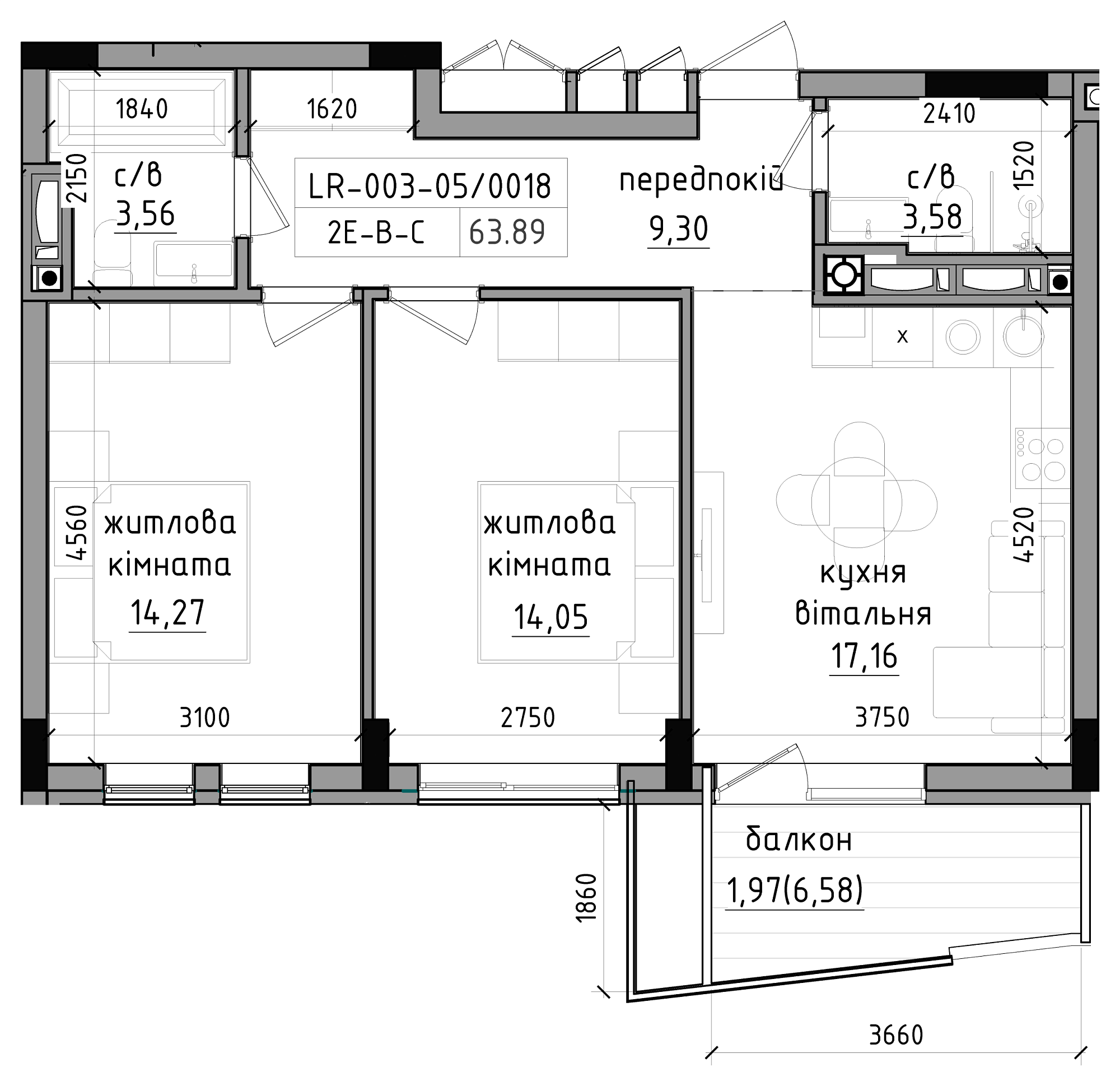 Планировка 2-к квартира площей 63.89м2, LR-003-05/0018.