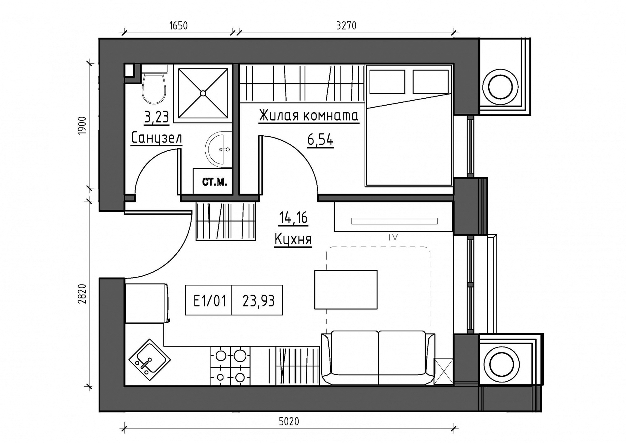 Планировка 1-к квартира площей 23.93м2, KS-011-03/0004.