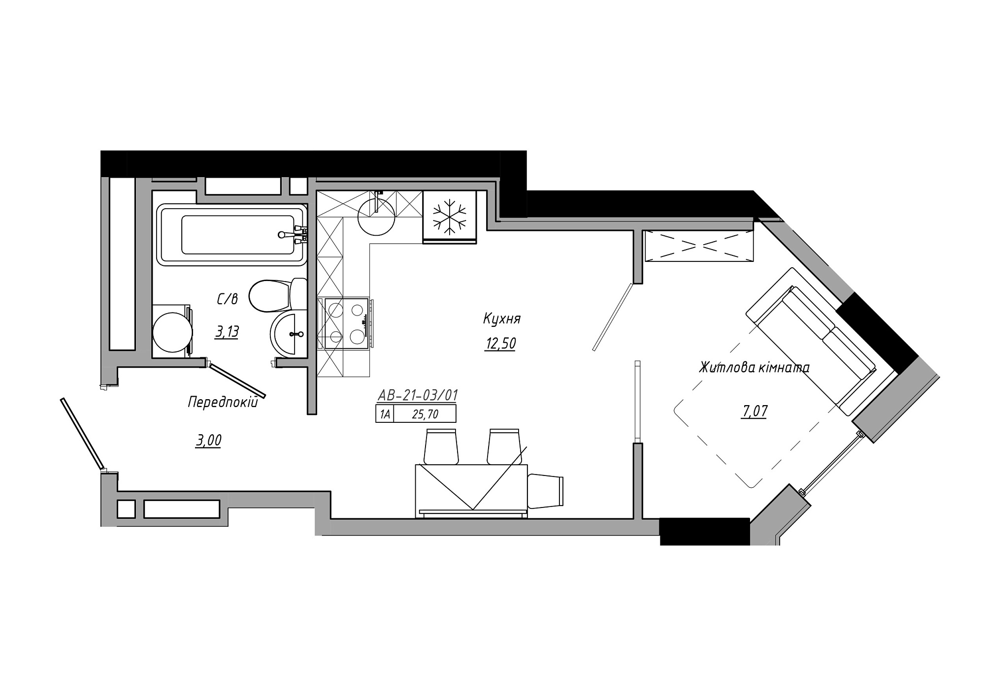 Планировка 1-к квартира площей 25.7м2, AB-21-03/00001.