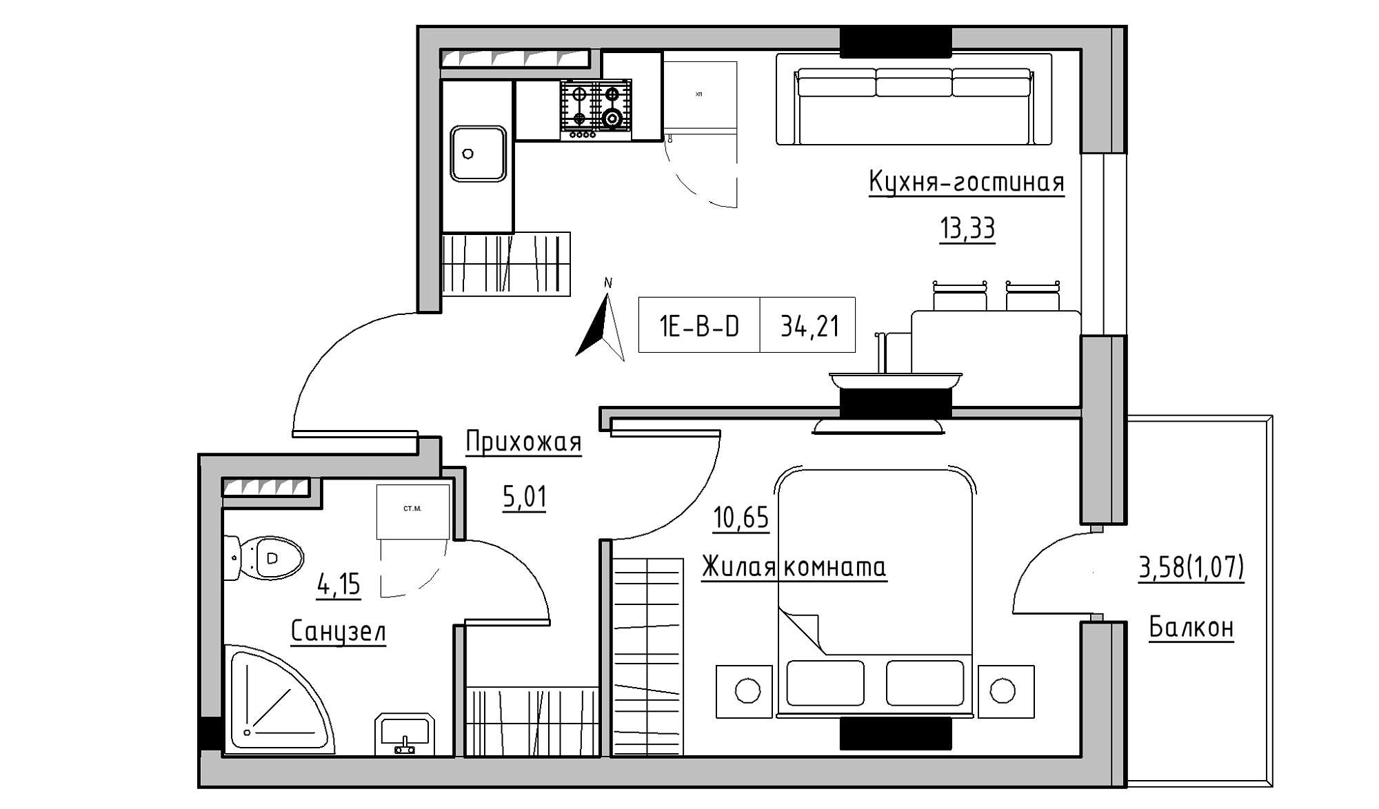 Planning 1-rm flats area 34.21m2, KS-025-04/0002.