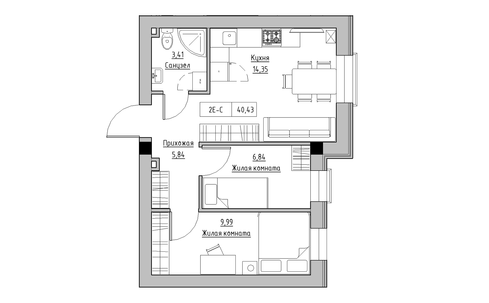 Планировка 2-к квартира площей 40.43м2, KS-022-01/0010.