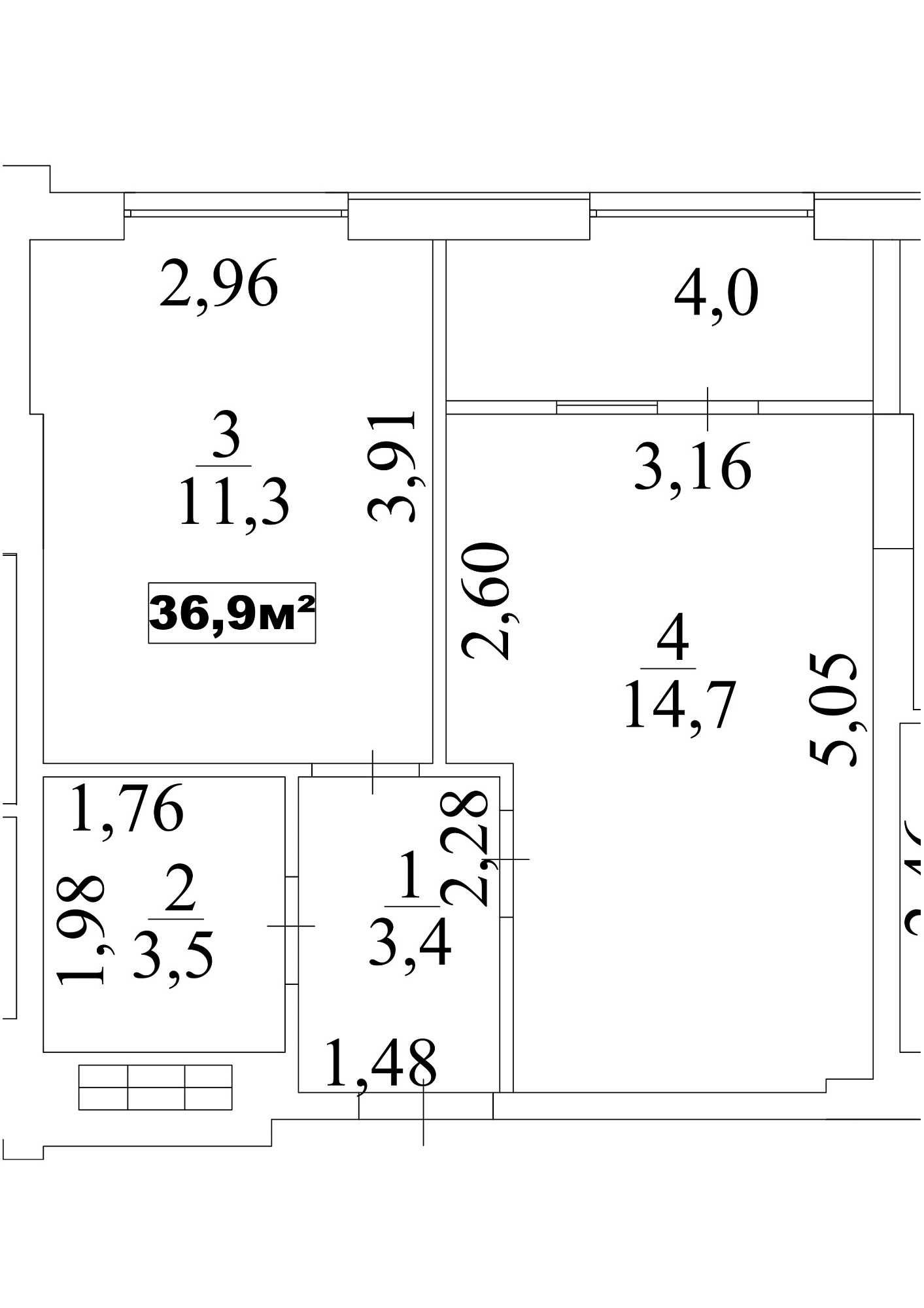Планировка 1-к квартира площей 36.9м2, AB-10-07/00060.