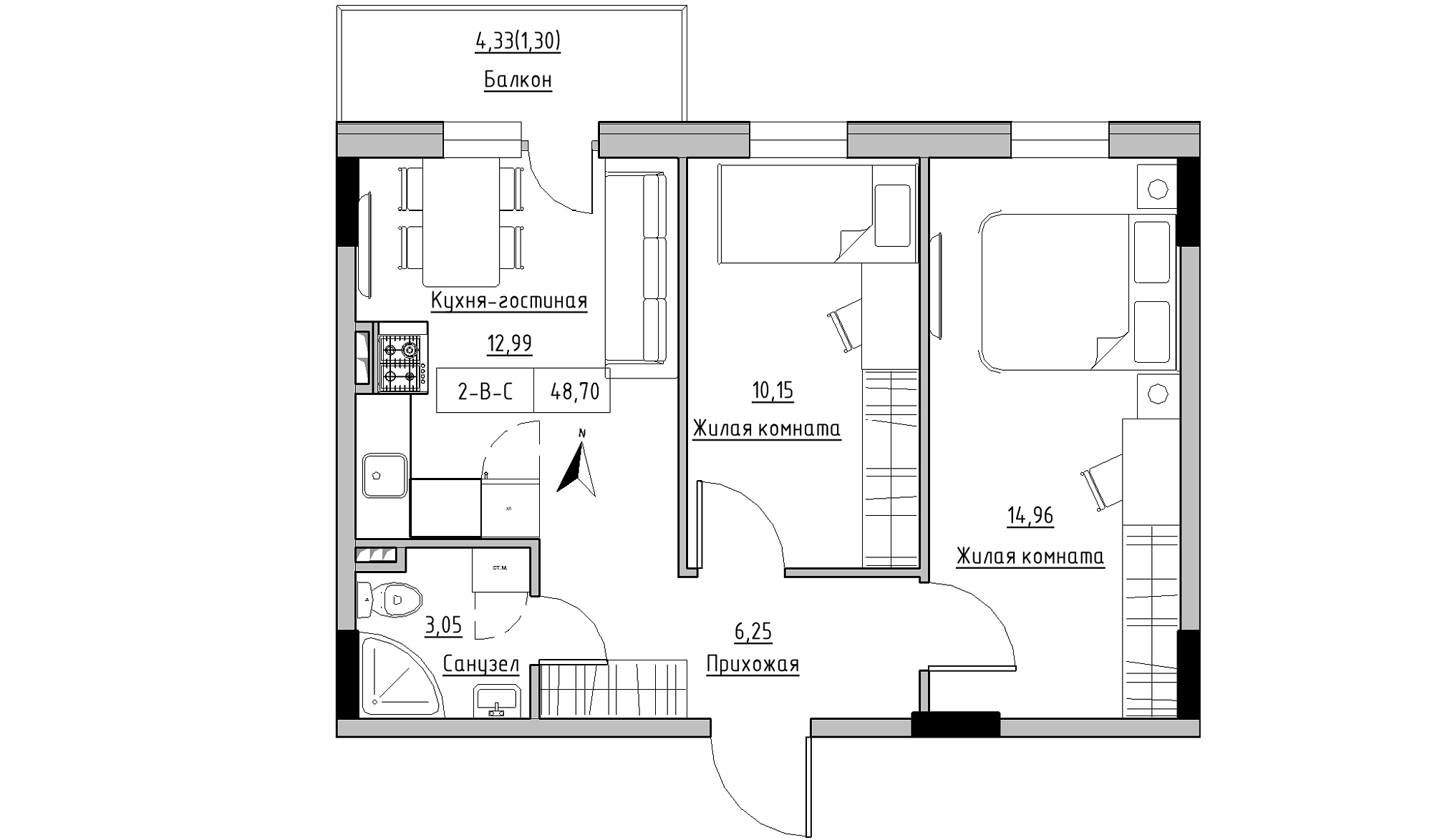 Планування 2-к квартира площею 48.7м2, KS-025-02/0009.