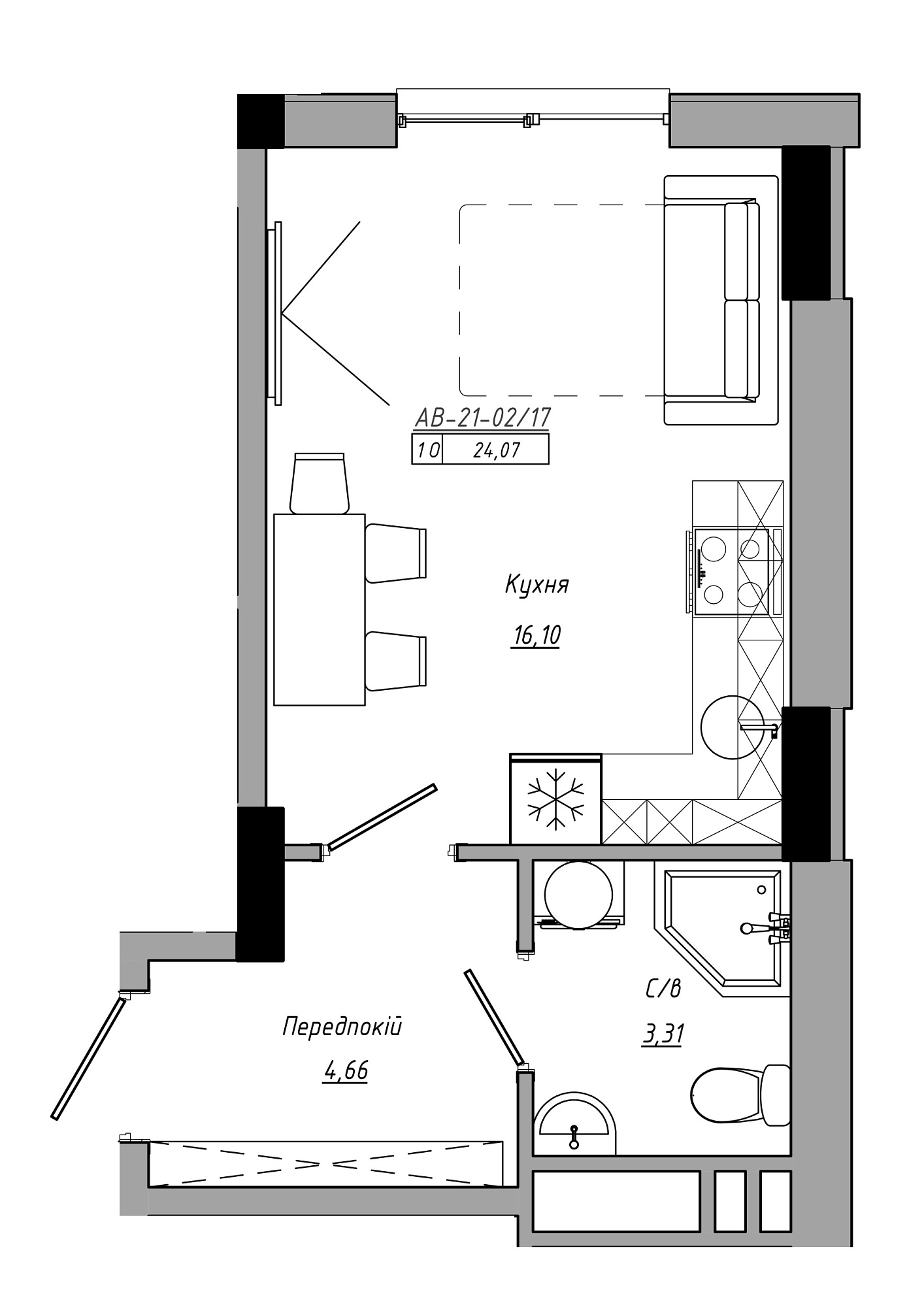 Планировка Smart-квартира площей 24.07м2, AB-21-02/00017.