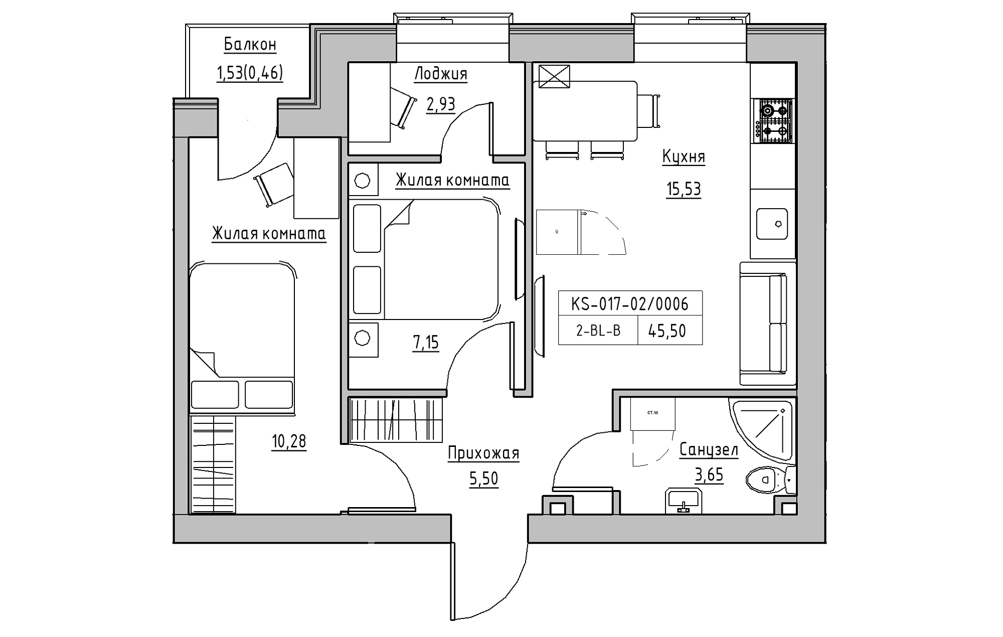 Планировка 2-к квартира площей 45.5м2, KS-017-02/0006.