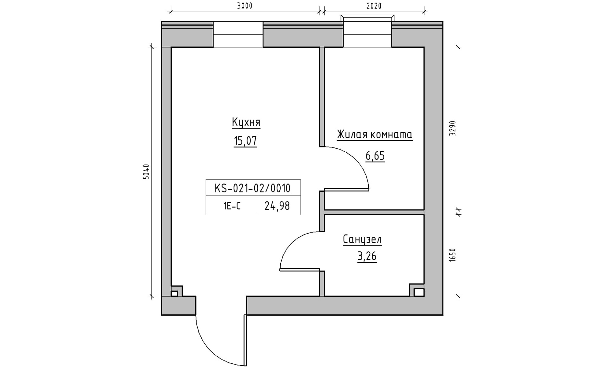 Планировка 1-к квартира площей 24.98м2, KS-021-02/0010.