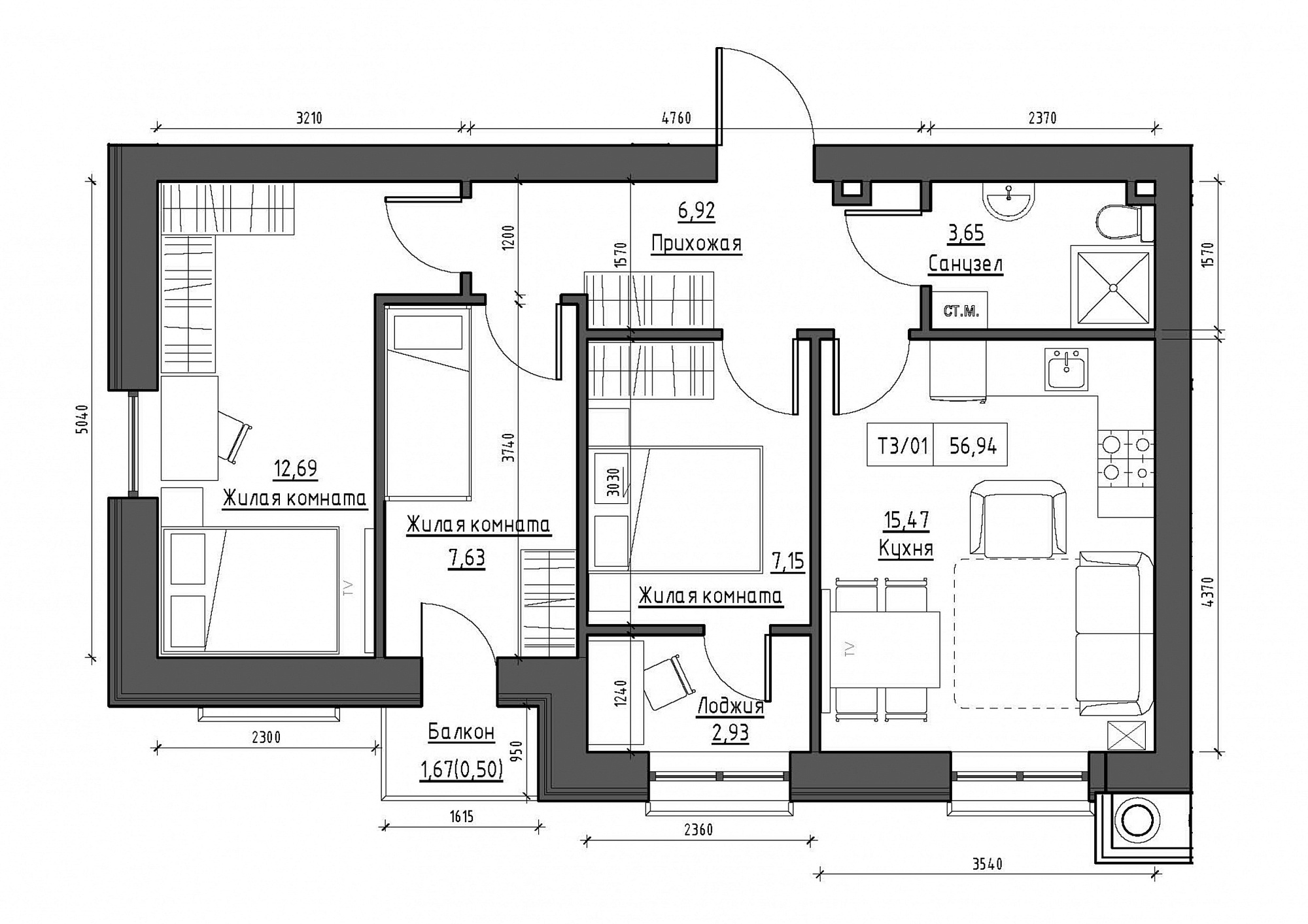 Планування 3-к квартира площею 56.94м2, KS-012-03/0008.