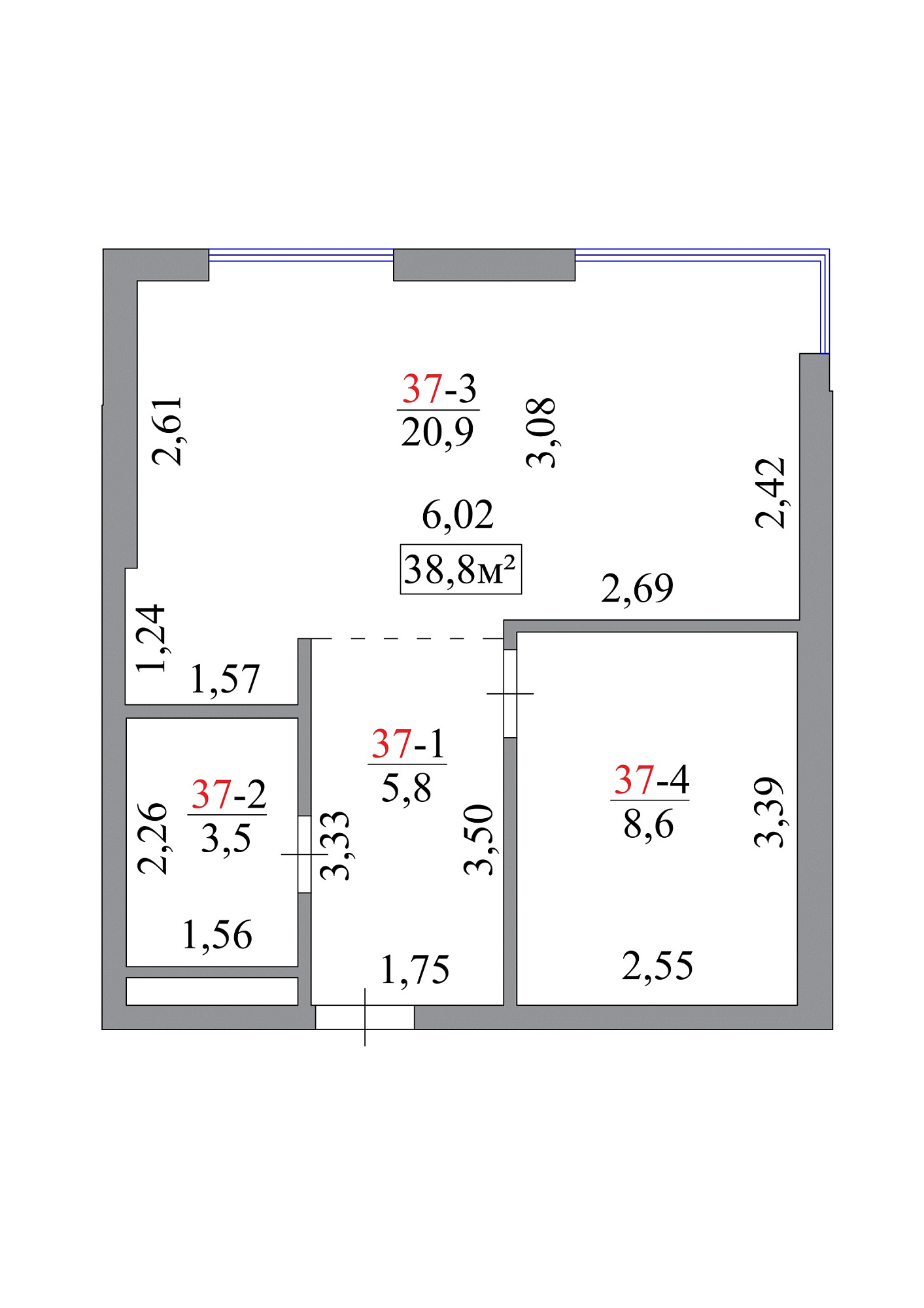 Планировка 1-к квартира площей 38.8м2, AB-07-04/0034а.
