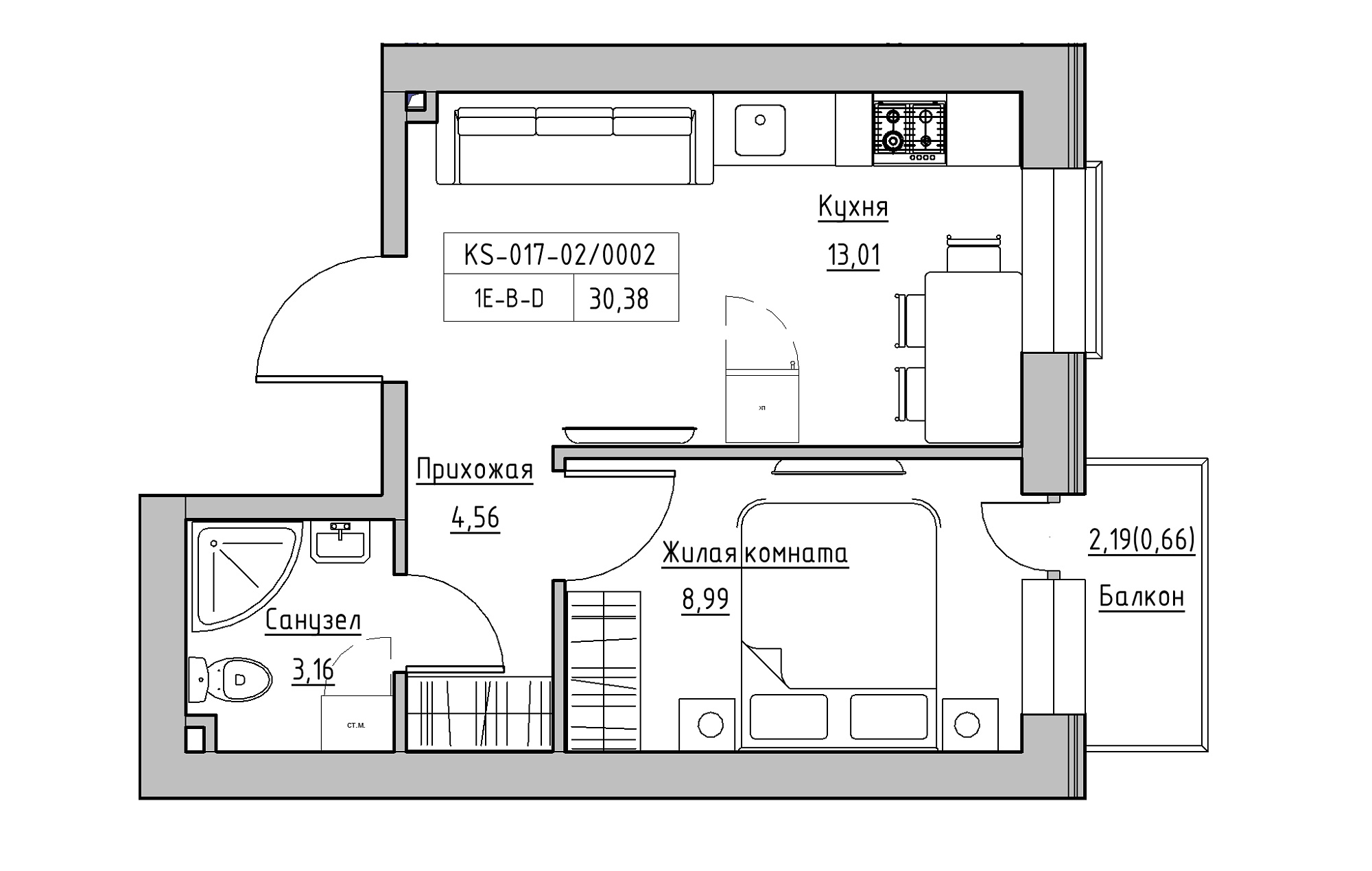 Планування 1-к квартира площею 30.38м2, KS-017-02/0002.