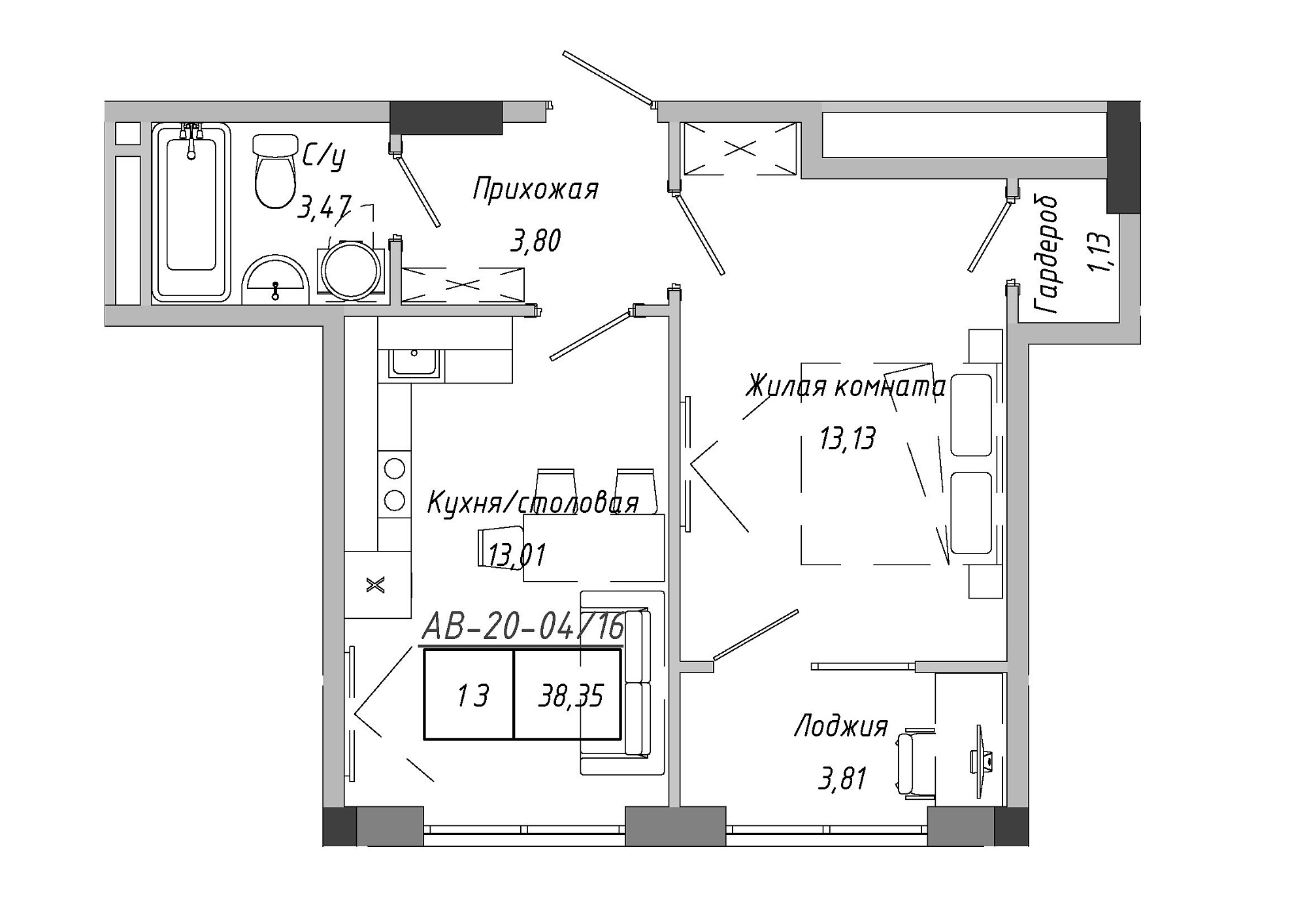 Планировка 1-к квартира площей 38.79м2, AB-20-04/00016.