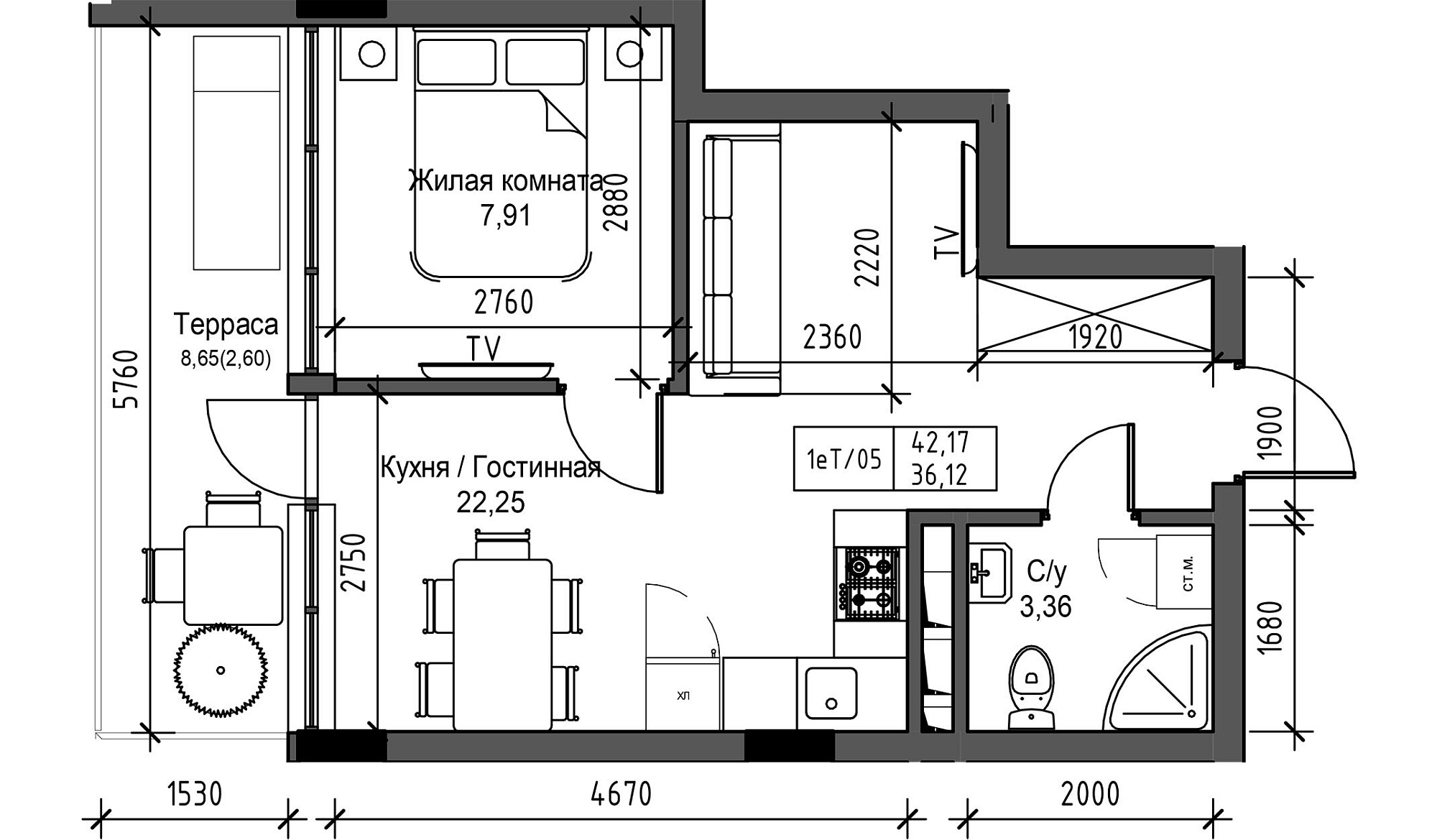 Планування 1-к квартира площею 36.12м2, UM-003-03/0011.