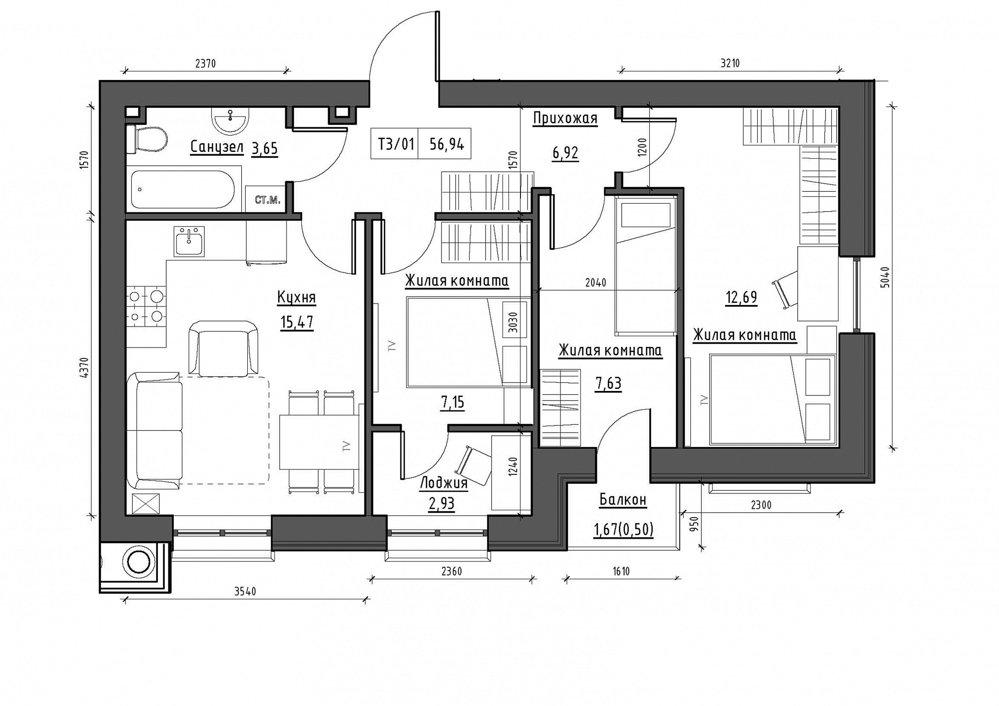 Планування 3-к квартира площею 56.94м2, KS-011-03/0008.