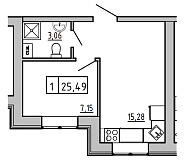 Планировка 1-к квартира площей 25.47м2, KS-01А-02/0011.