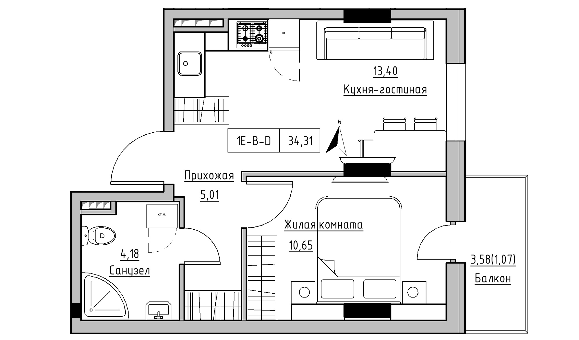 Planning 1-rm flats area 34.31m2, KS-025-03/0002.