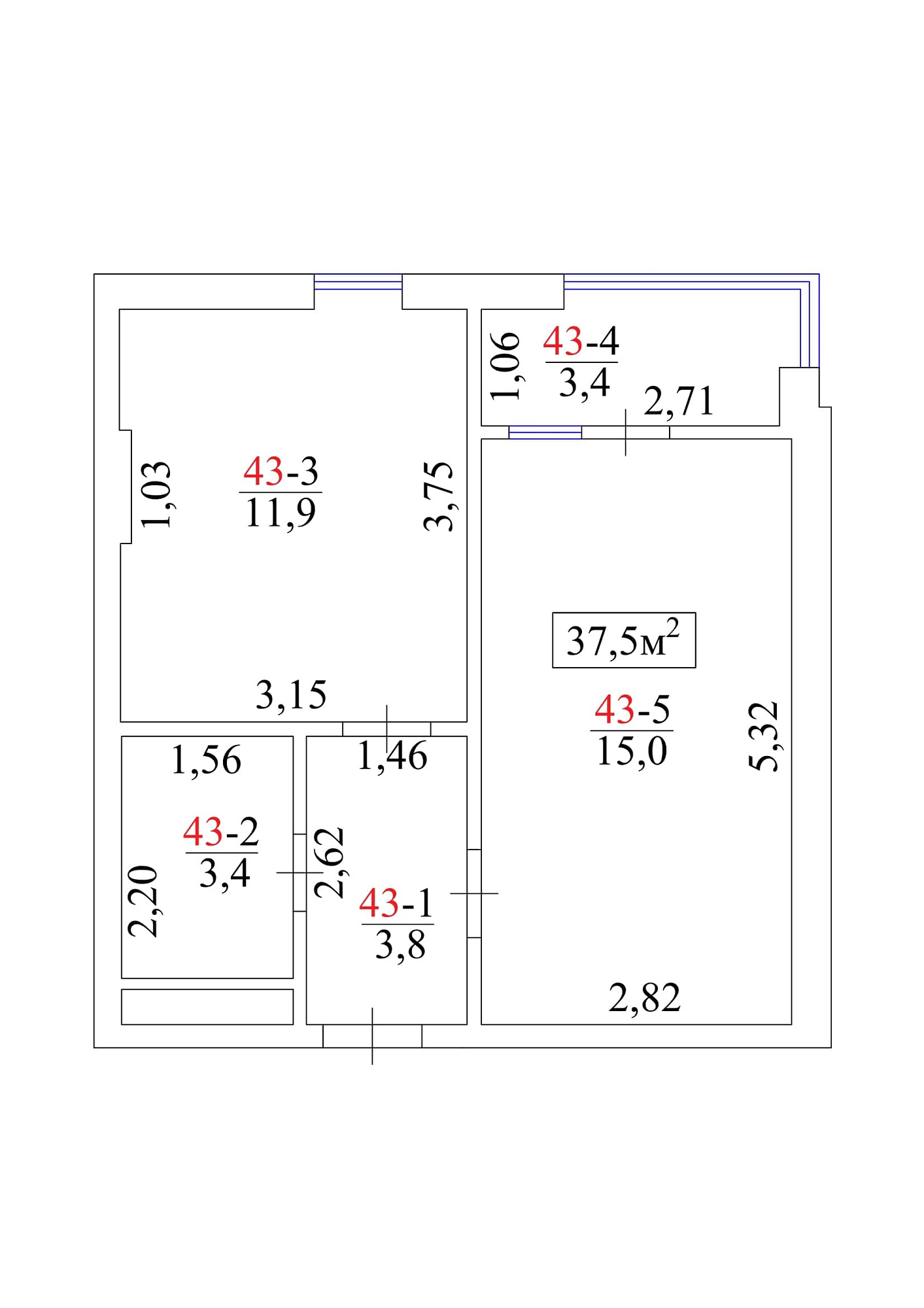 Планировка 1-к квартира площей 37.5м2, AB-01-05/0042а.