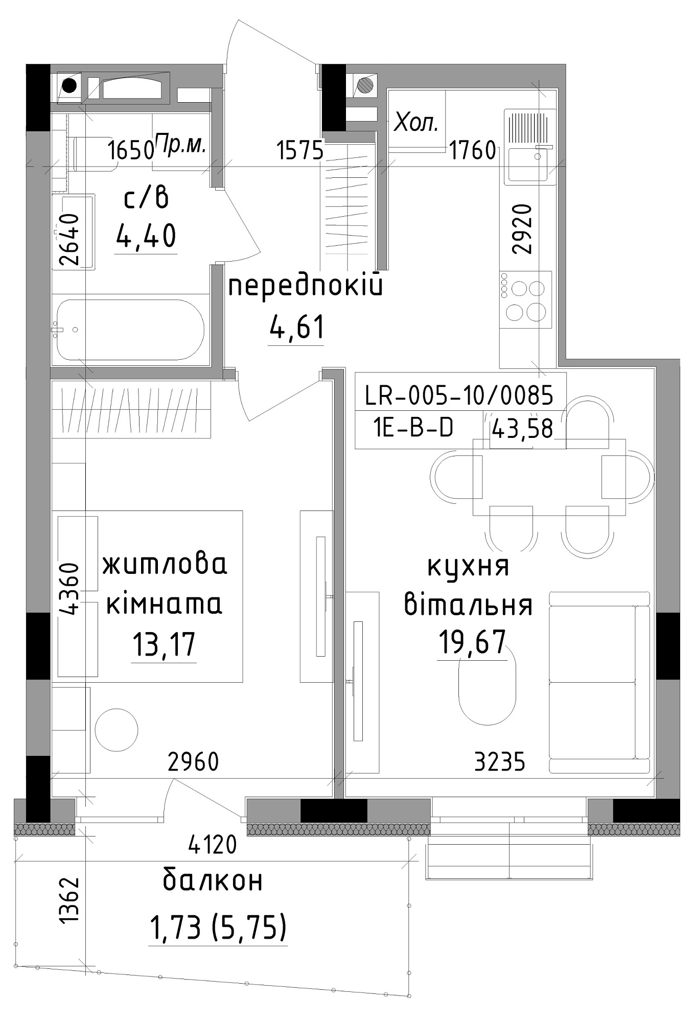 Planning 1-rm flats area 43.58m2, LR-005-10/0085.