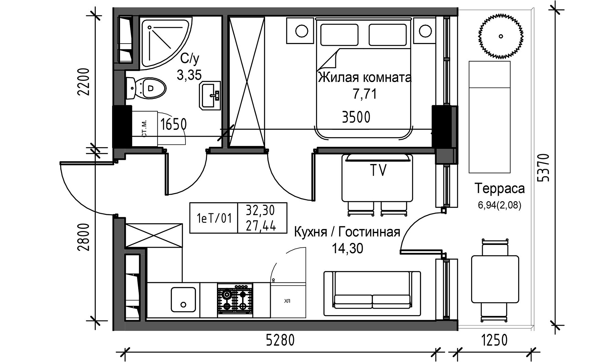 Планування 1-к квартира площею 27.44м2, UM-003-09/0091.