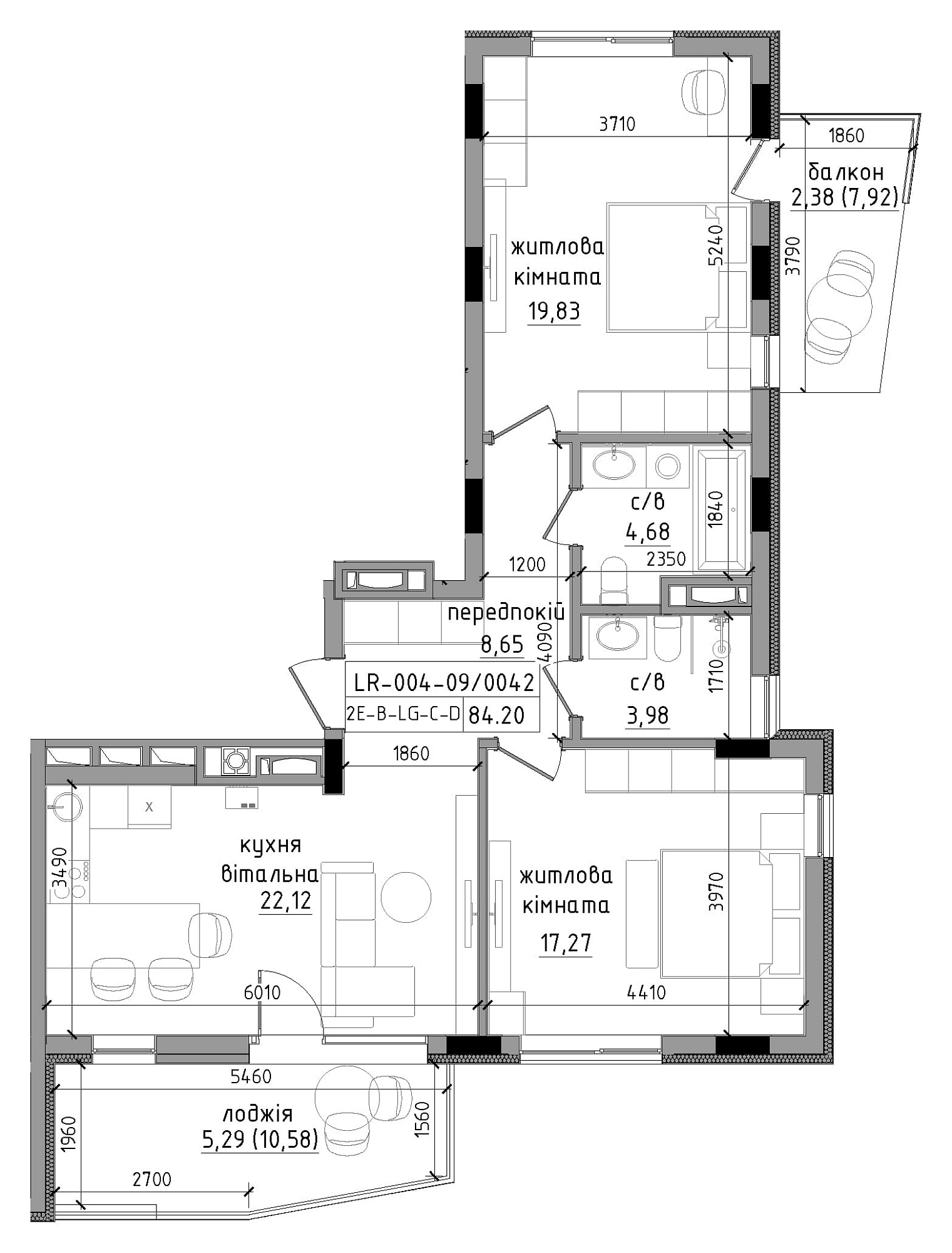 Planning 2-rm flats area 84.2m2, LR-004-09/0042.