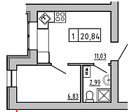 Planning 1-rm flats area 20.84m2, KS-01А-03/0008.