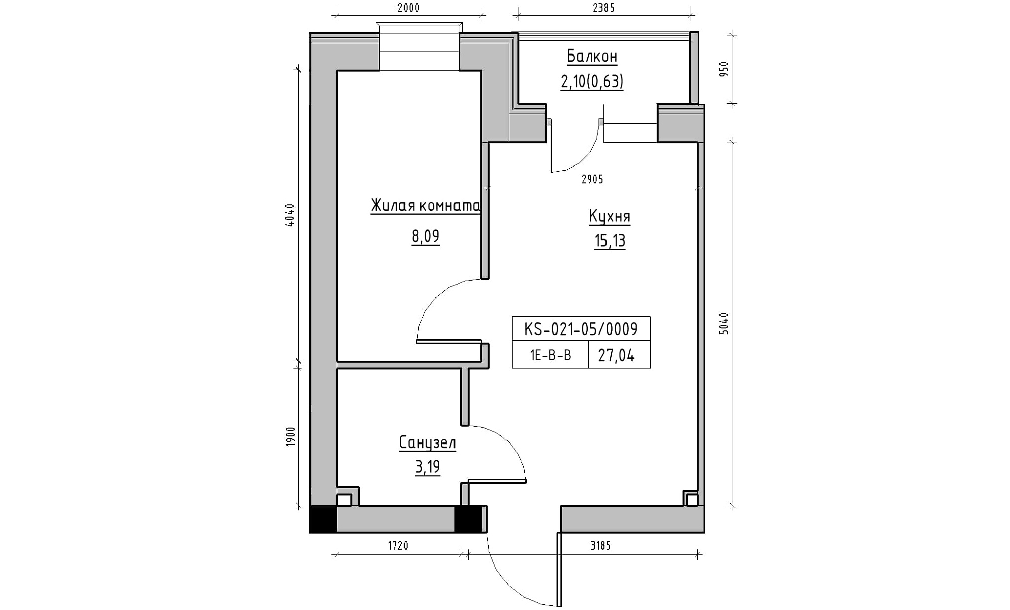 Планировка 1-к квартира площей 27.04м2, KS-021-05/0009.