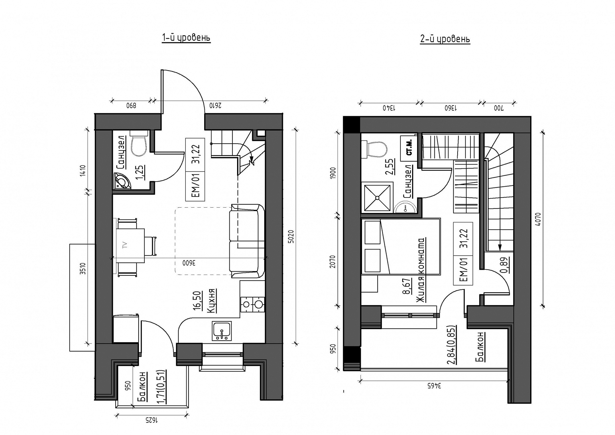 Planning 2-lvl flats area 31.22m2, KS-012-05/0013.