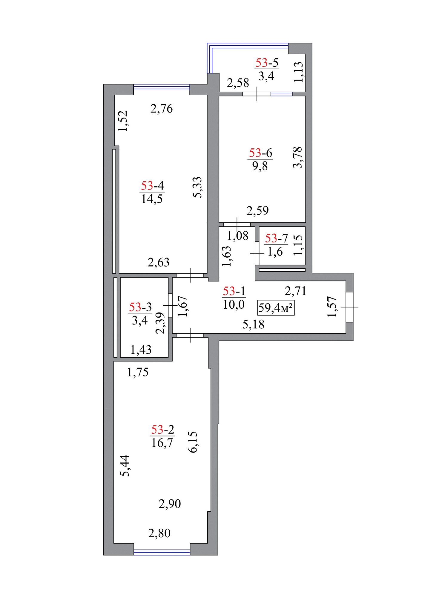 Планировка 2-к квартира площей 59.4м2, AB-07-06/00048.