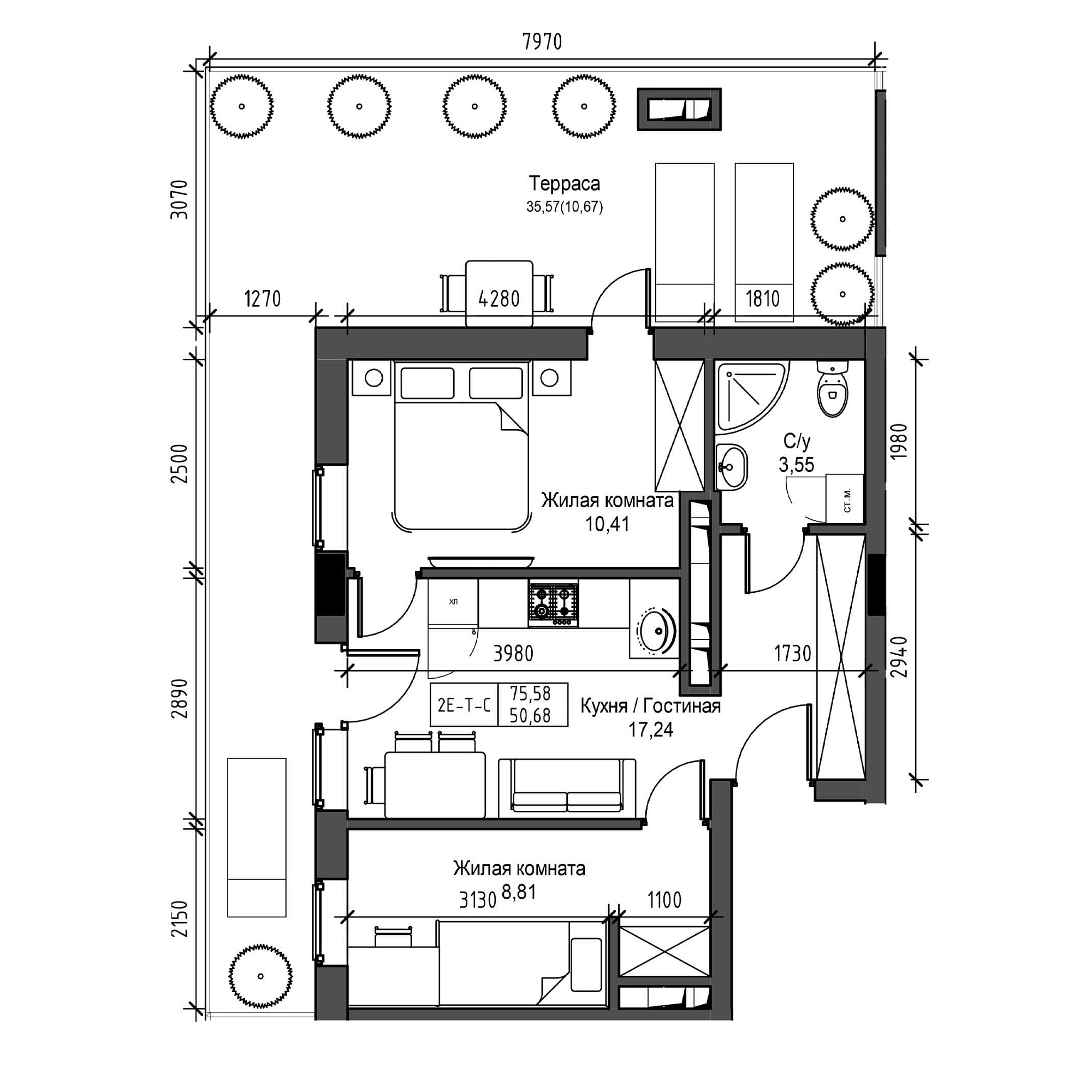 Планування 2-к квартира площею 50.68м2, UM-001-08/0018.