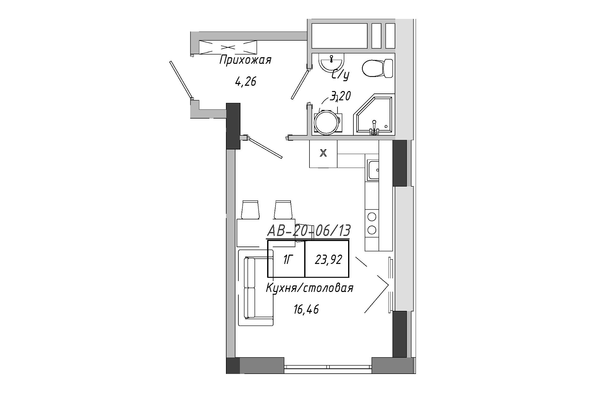 Планировка Smart-квартира площей 23.4м2, AB-20-06/00013.
