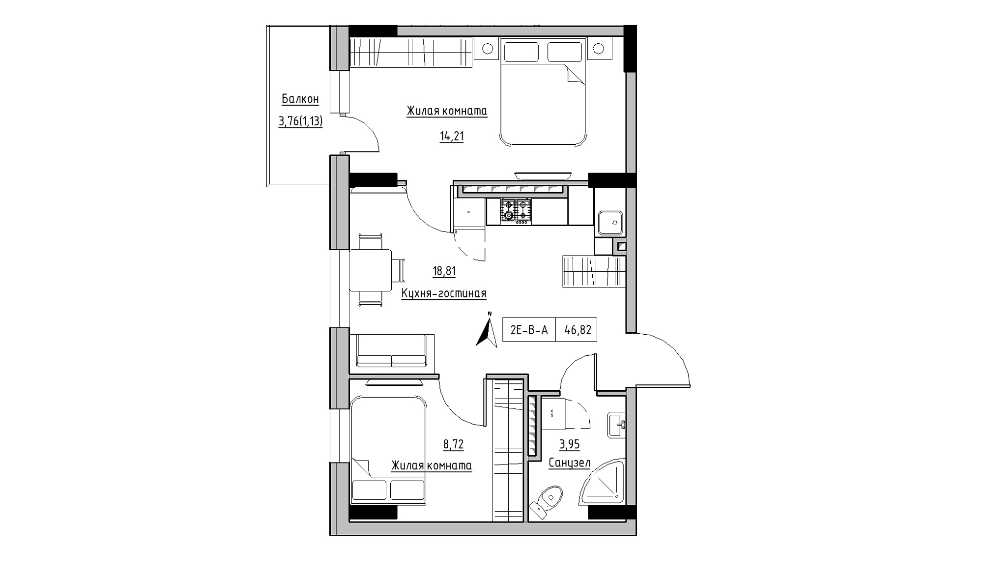 Планировка 2-к квартира площей 46.82м2, KS-025-06/0003.