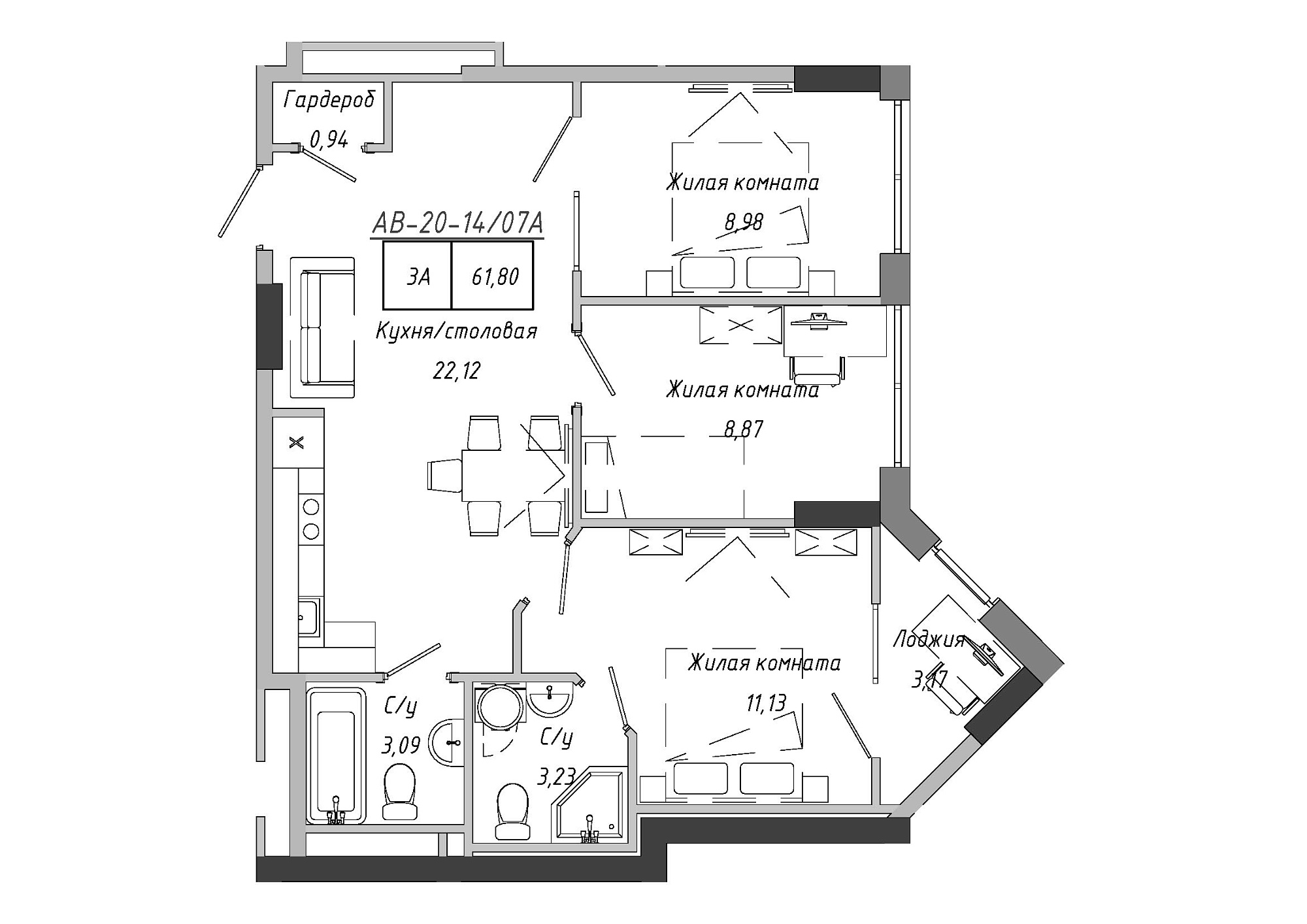 Планування 3-к квартира площею 61.8м2, AB-20-14/0107a.