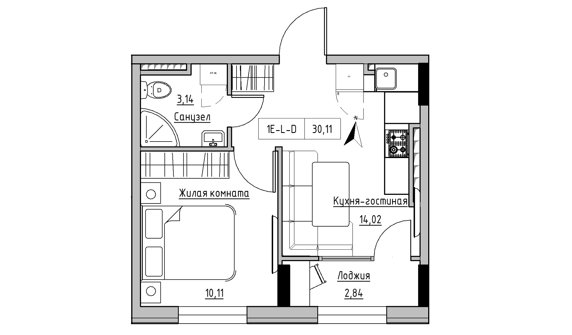 Планировка 1-к квартира площей 30.11м2, KS-025-05/0014.