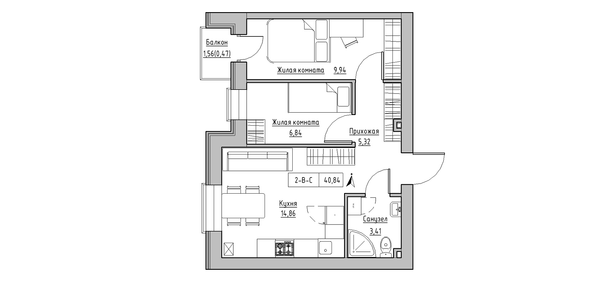 Планировка 2-к квартира площей 40.84м2, KS-020-04/0010.