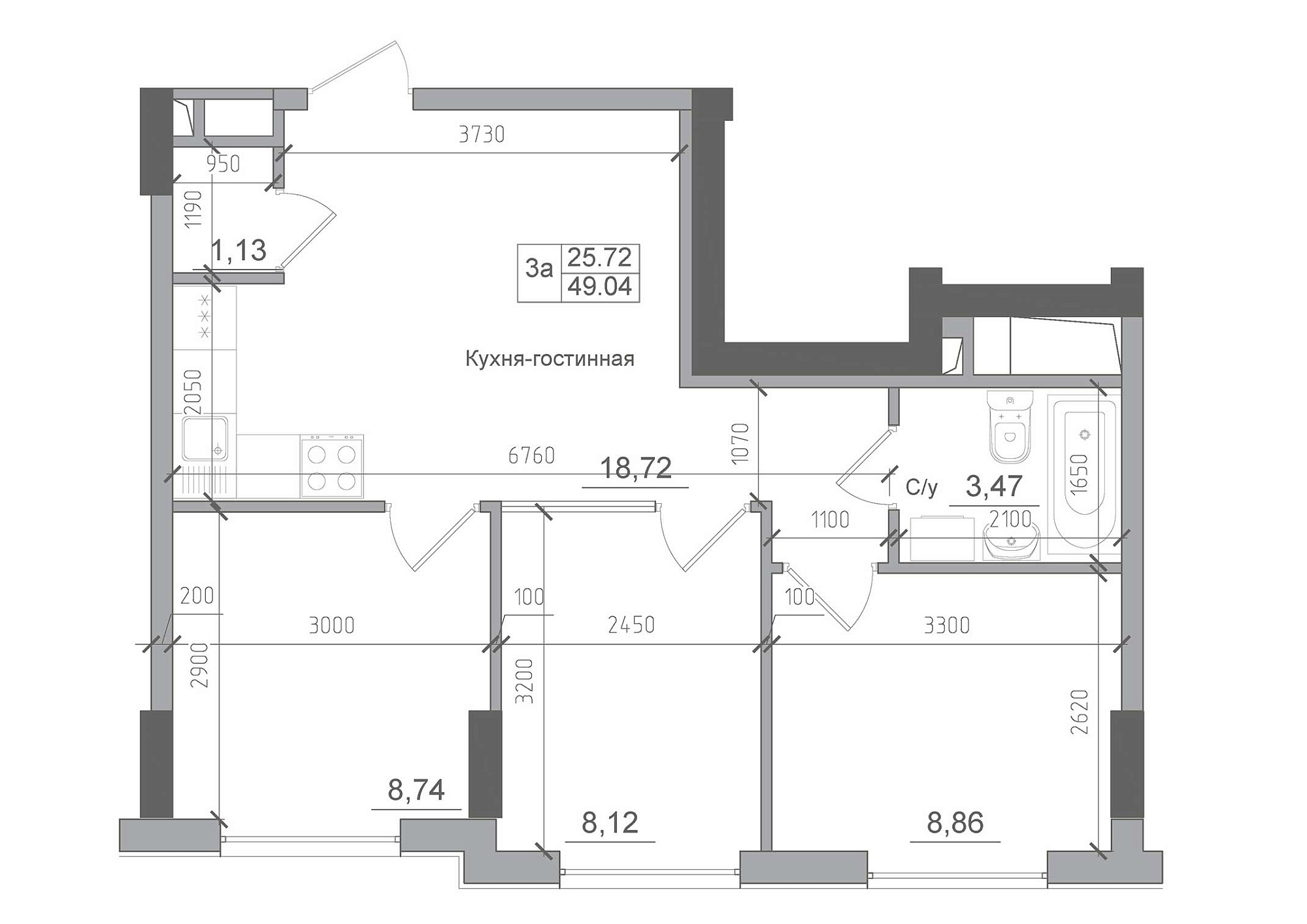 Планировка 3-к квартира площей 49.04м2, AB-22-12/00007.