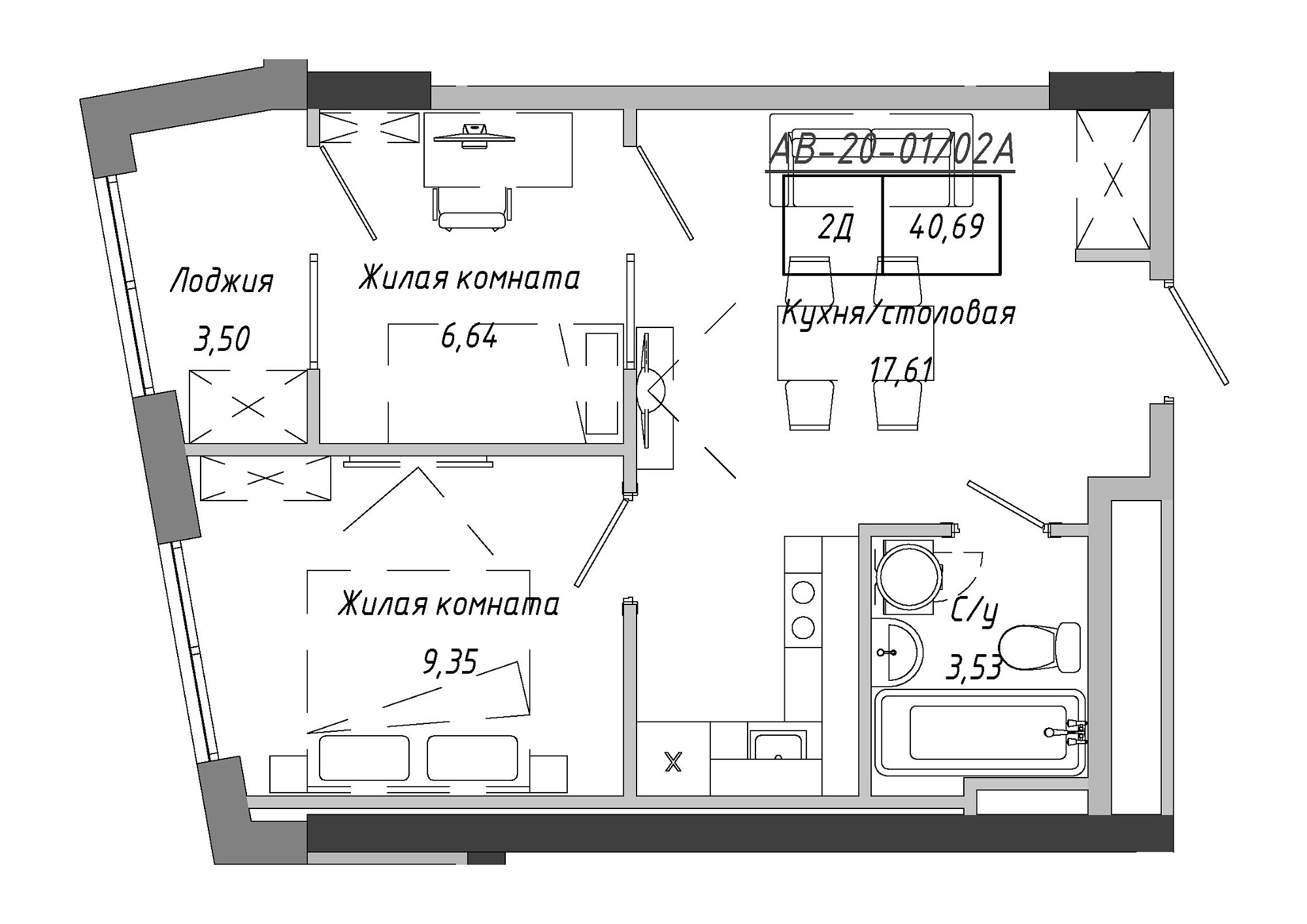 Planning 2-rm flats area 40.69m2, AB-20-01/0002а.