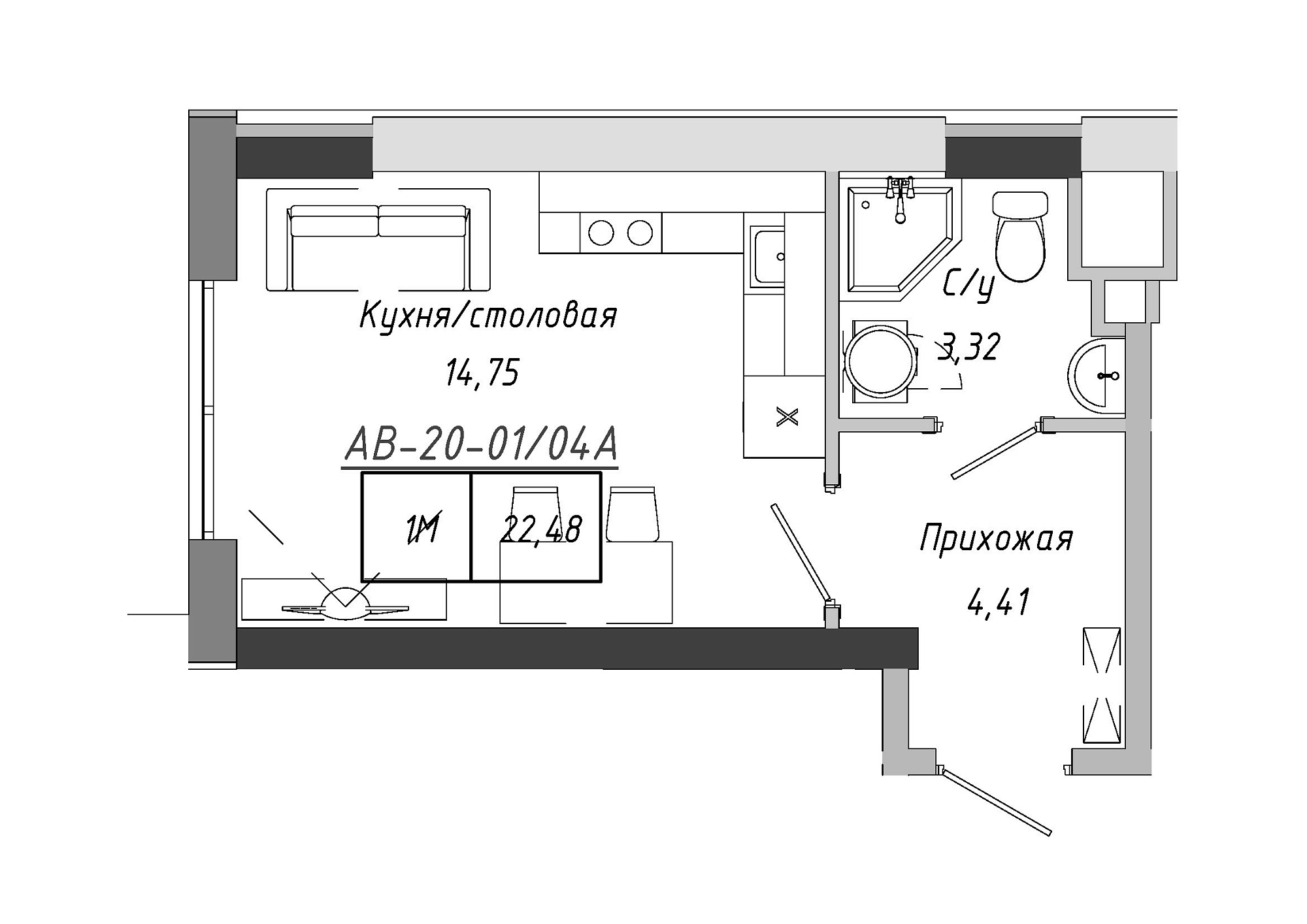 Планировка Smart-квартира площей 22.48м2, AB-20-01/0004а.