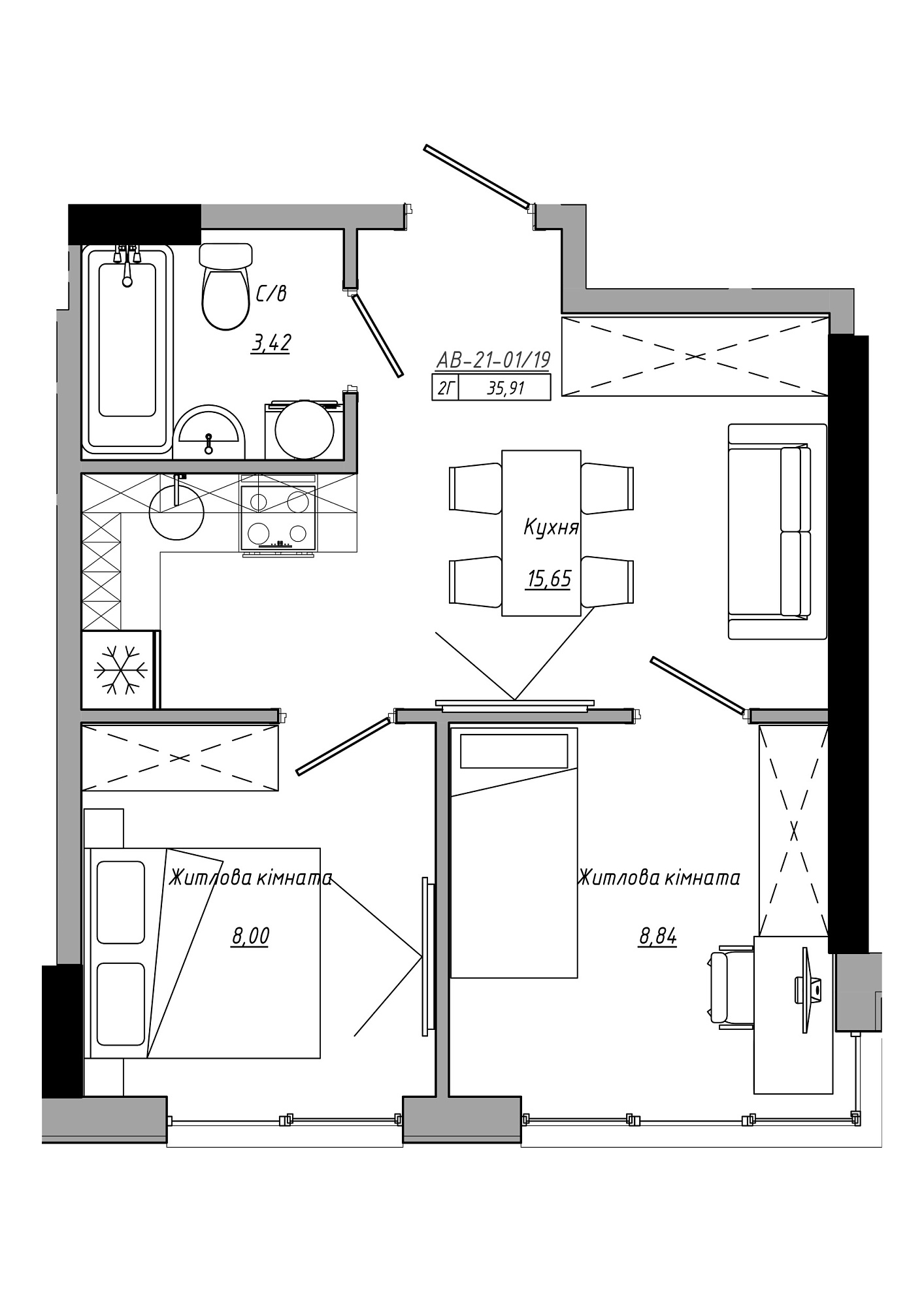 Планування 2-к квартира площею 35.91м2, AB-21-01/00019.