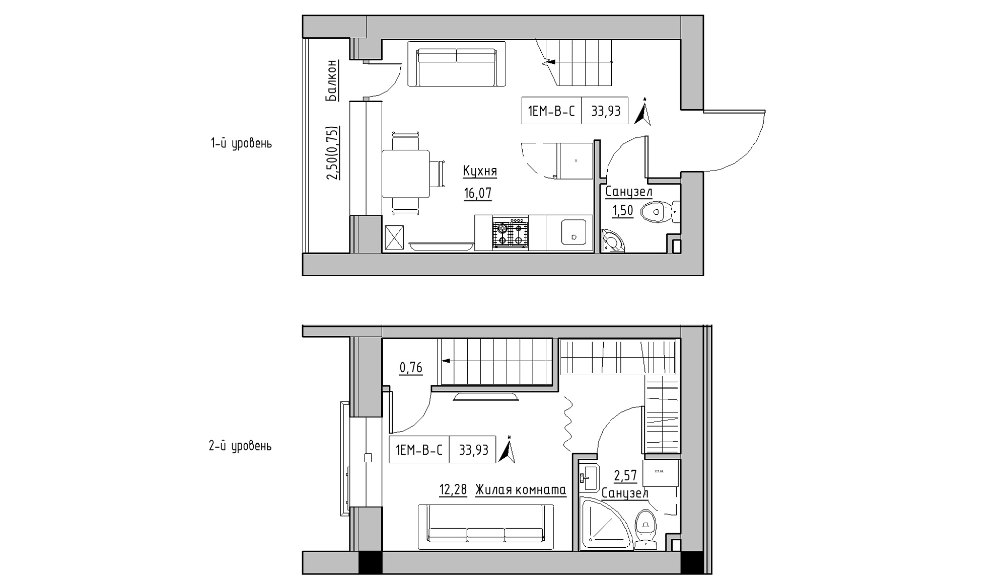 Planning 2-lvl flats area 33.93m2, KS-016-05/0012.
