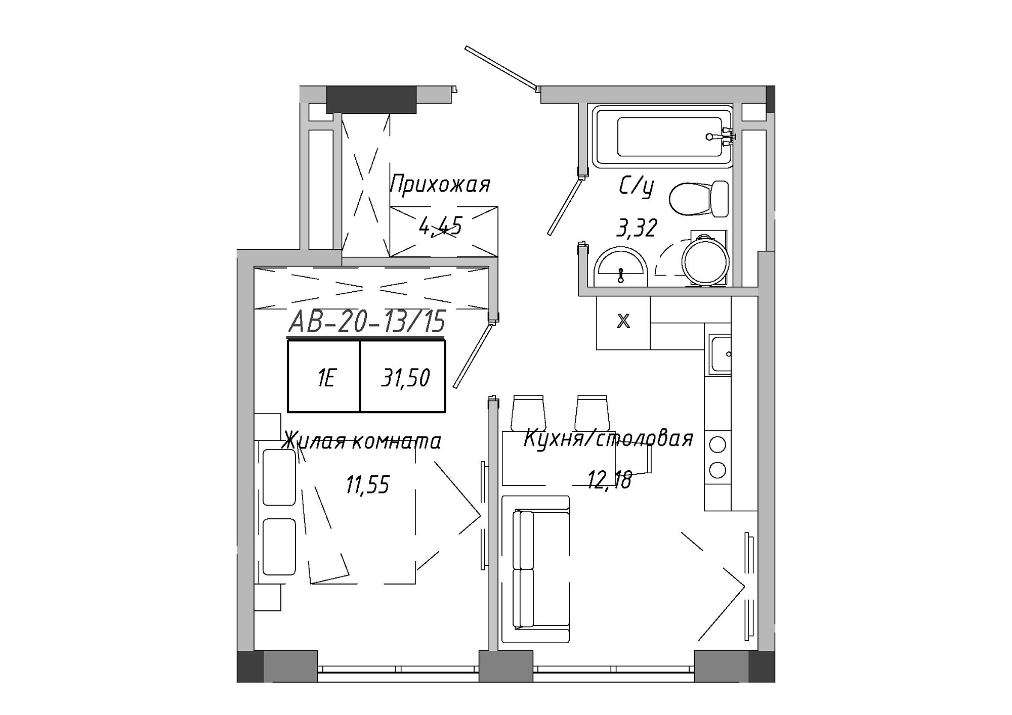 Планування 1-к квартира площею 31.5м2, AB-20-13/00115.