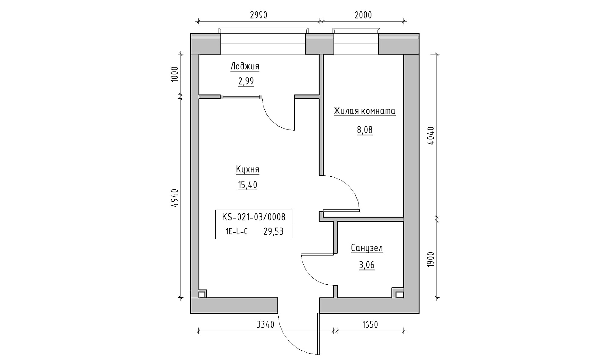 Planning 1-rm flats area 29.53m2, KS-021-03/0008.