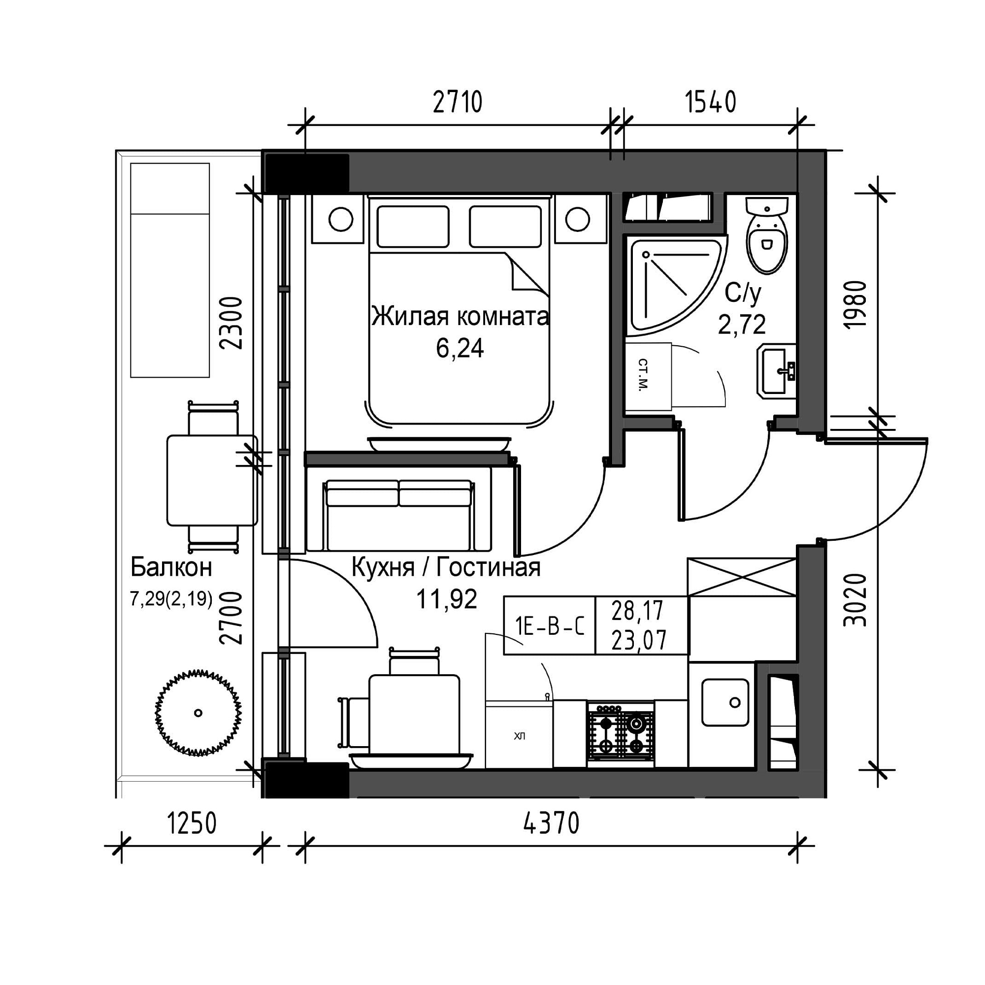 Планування 1-к квартира площею 23.07м2, UM-001-04/0013.