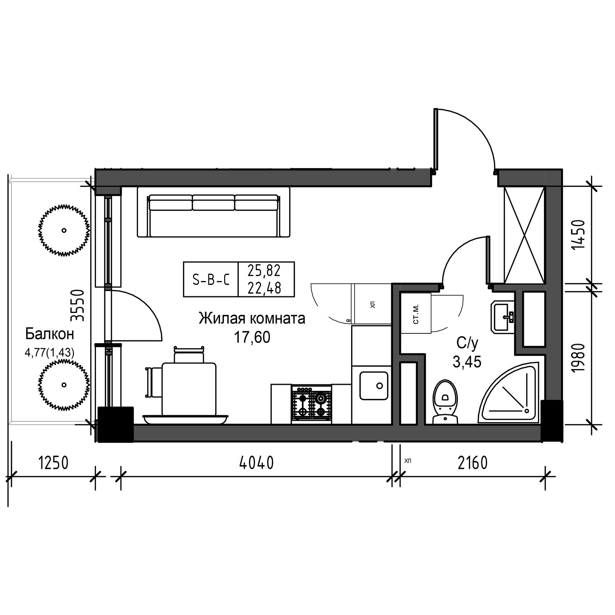 Планування Smart-квартира площею 22.48м2, UM-001-06/0011.