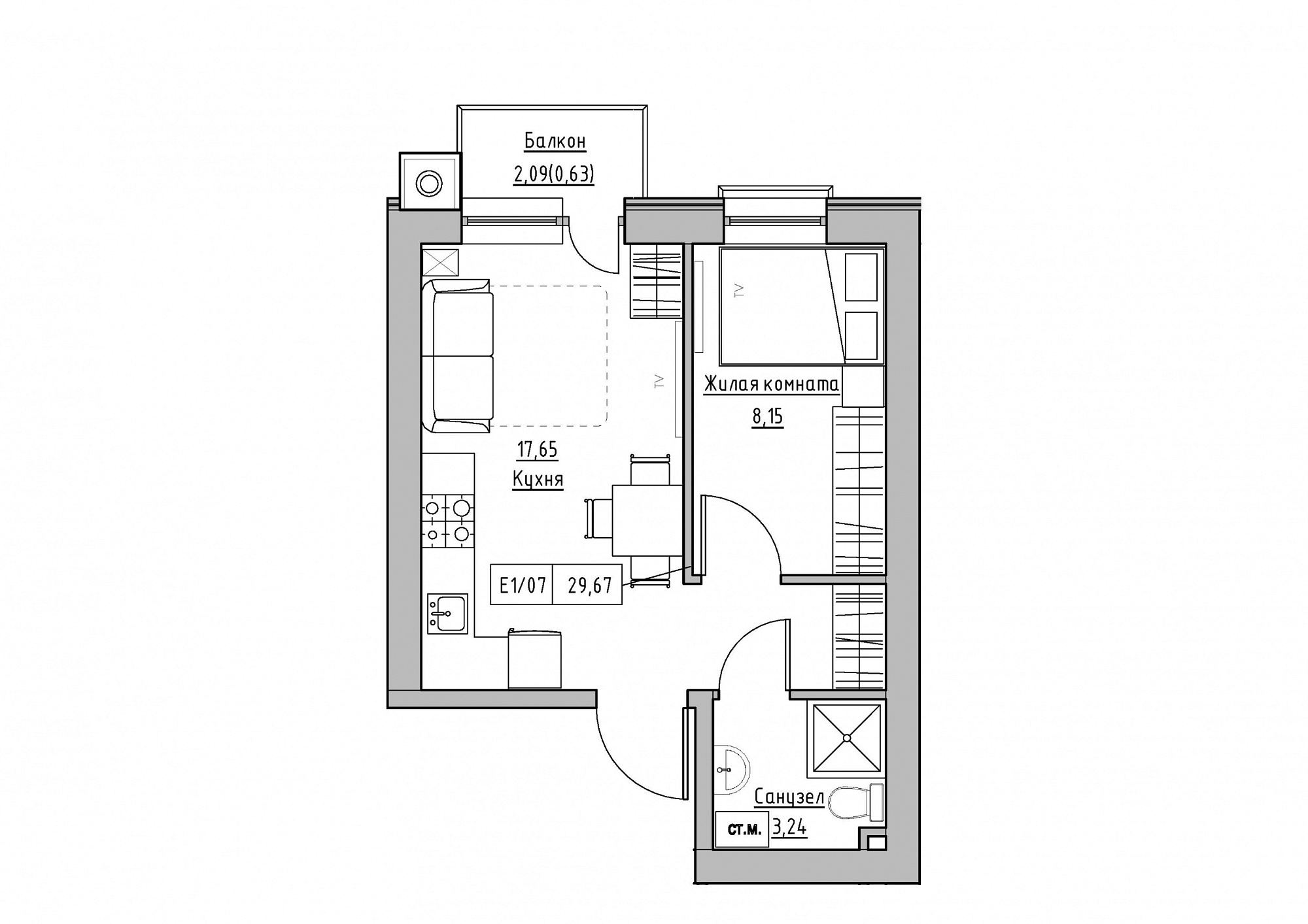 Планировка 1-к квартира площей 29.67м2, KS-012-05/0003.