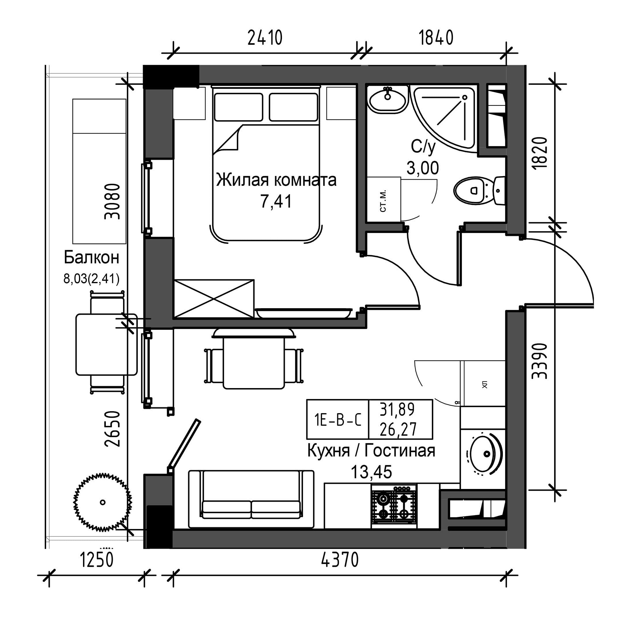 Планировка 1-к квартира площей 26.27м2, UM-001-06/0015.